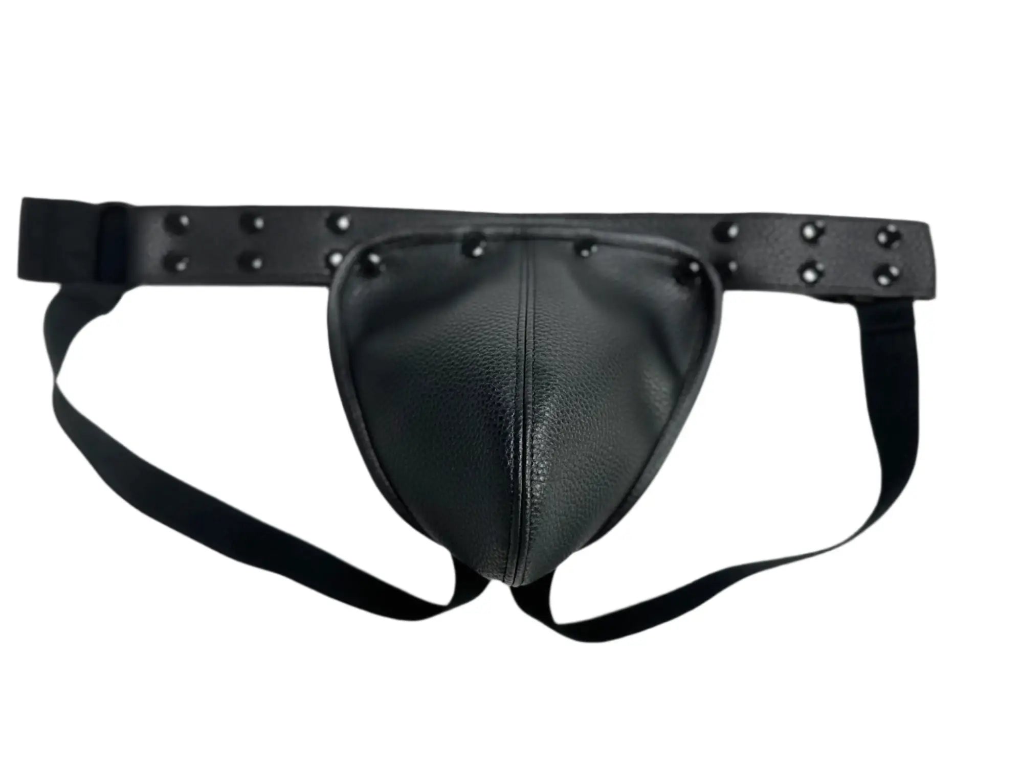 Black leather thong with silver studs along the waistband Fizx jockstrap with removable pouch front view