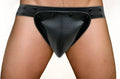 Black leather Fizx jockstrap thong with textured surface and decorative rivets along the waistband
