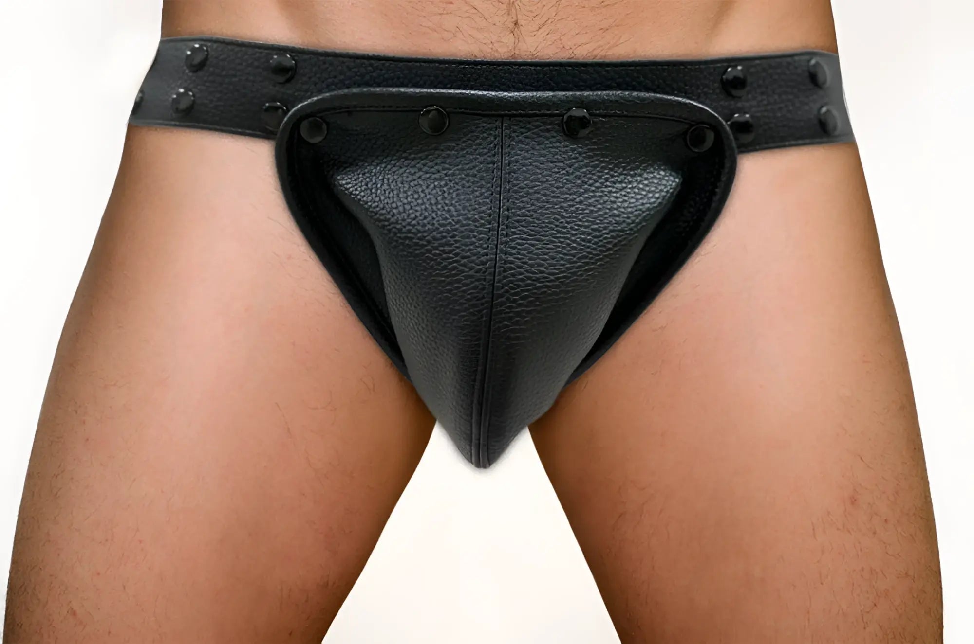 Black leather Fizx jockstrap thong with textured surface and decorative rivets along the waistband