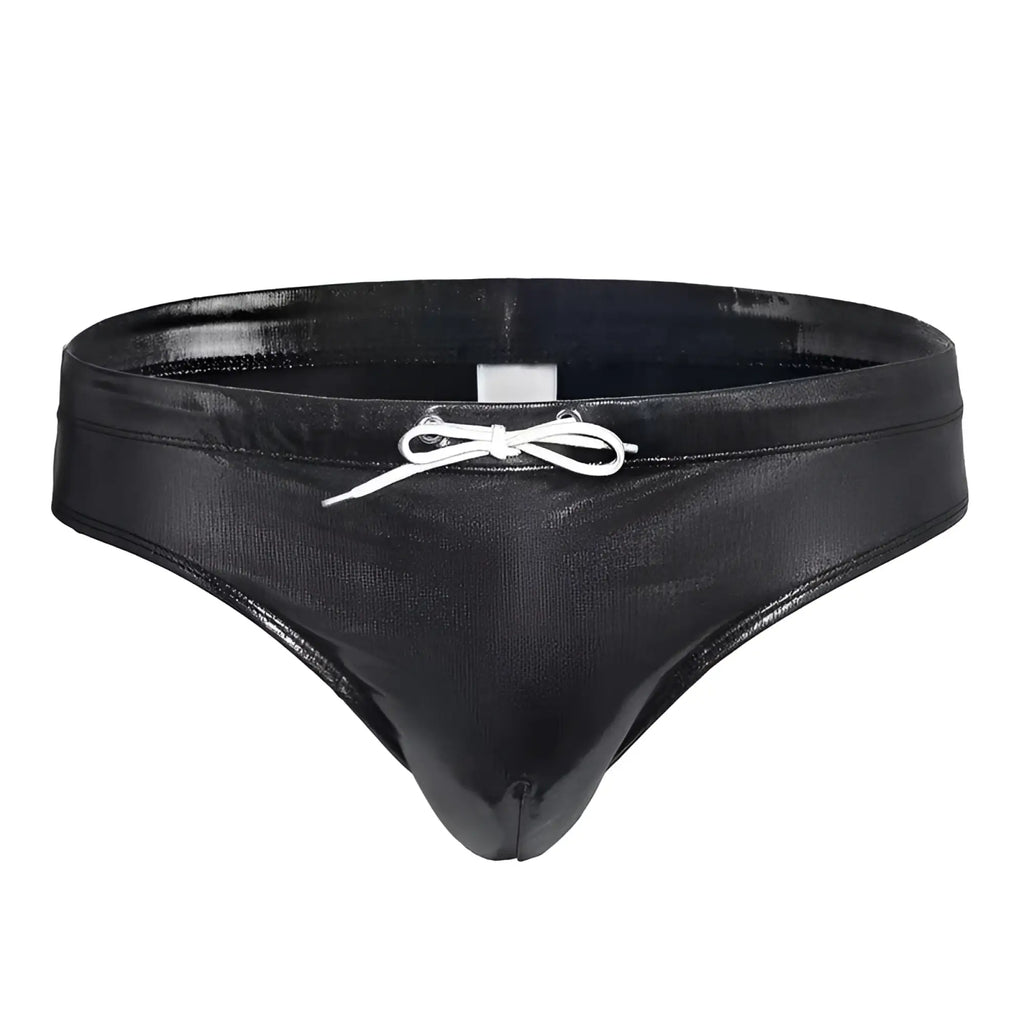 Black shiny swim trunks with white drawstring bow front fizx swim bikini with removable push pad details