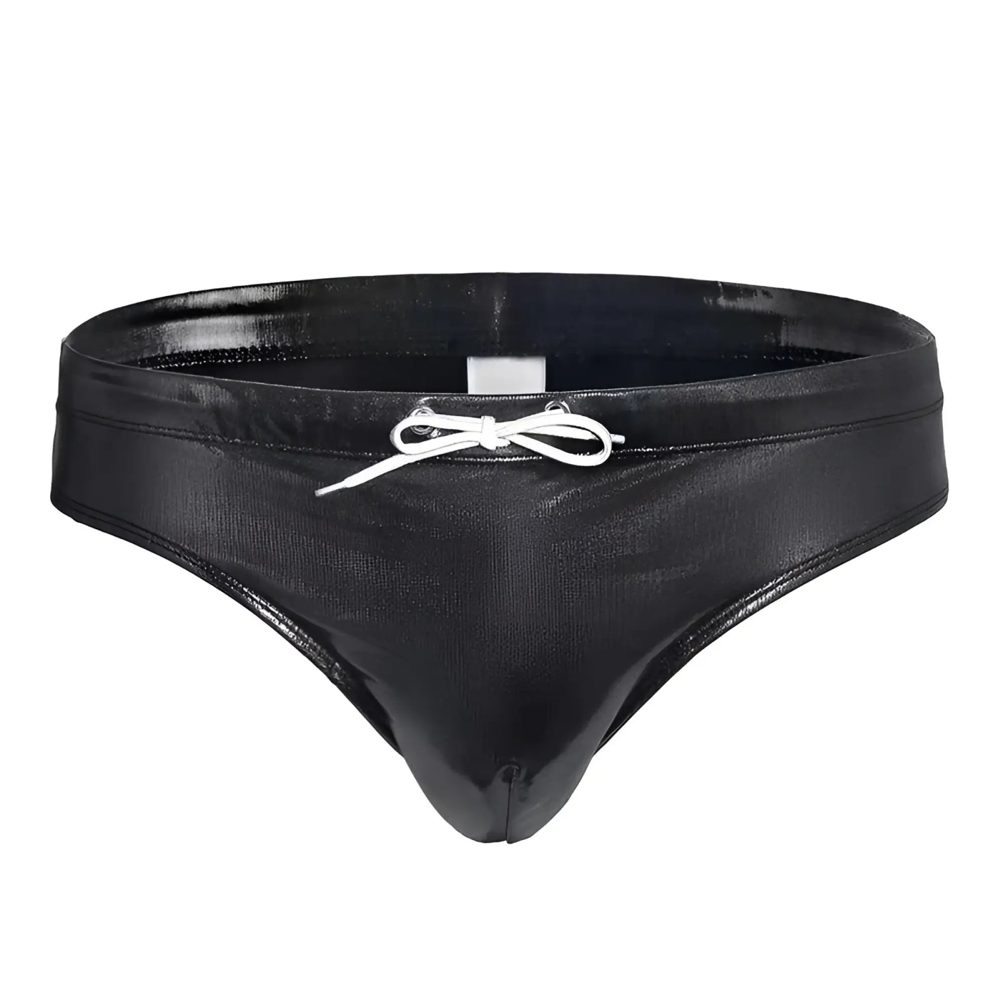 Black shiny swim trunks with white drawstring bow front fizx swim bikini with removable push pad details