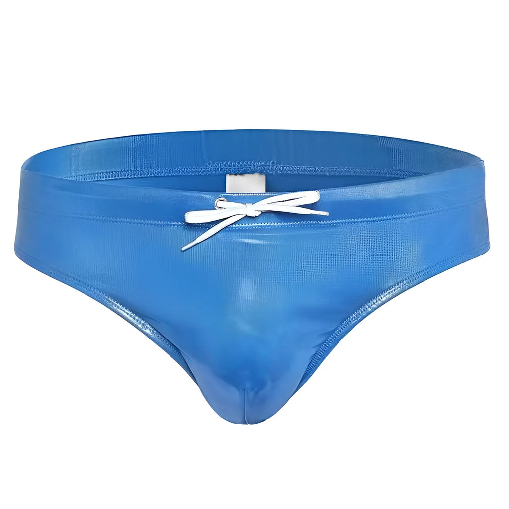 Blue shiny latex swim trunks with white drawstring bow from fizx swim bikini with removable push pad collection