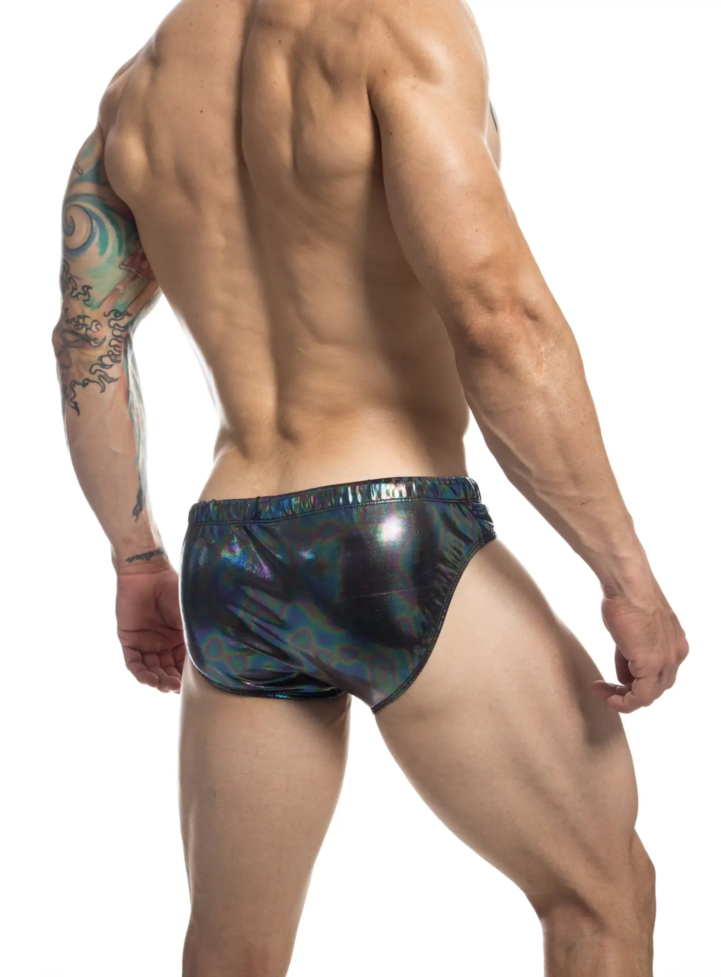 Shiny iridescent swim trunks with holographic finish from fizx swim bikini with removable push pad collection