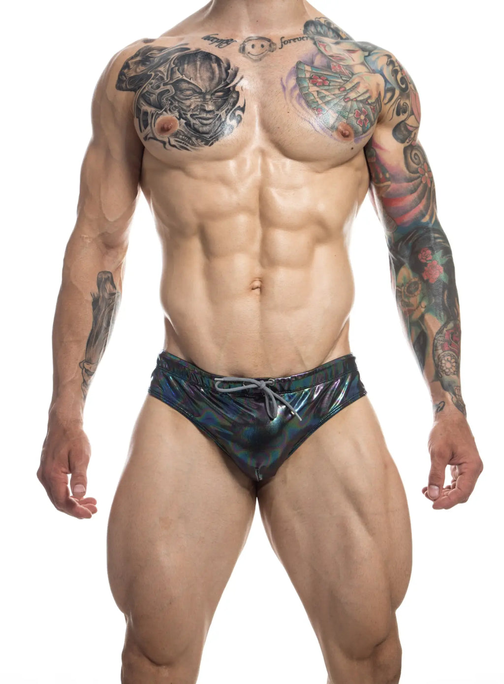 Shiny iridescent fizx swim bikini swim trunks with subtle pattern and gray drawstring for stylish beachwear
