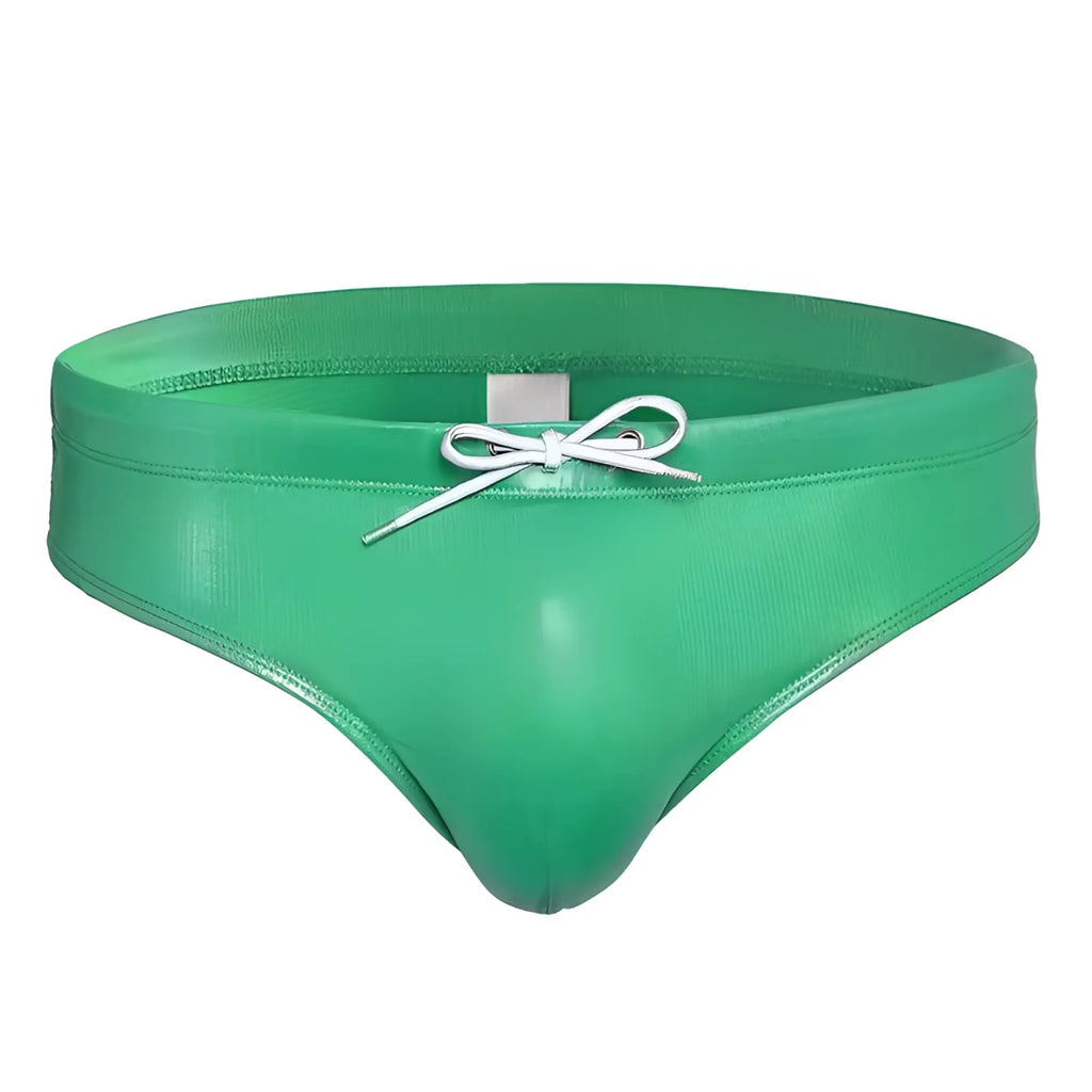 Vibrant green glossy faux leather swim trunks with white drawstring bow from fizx swim bikini with removable push pad