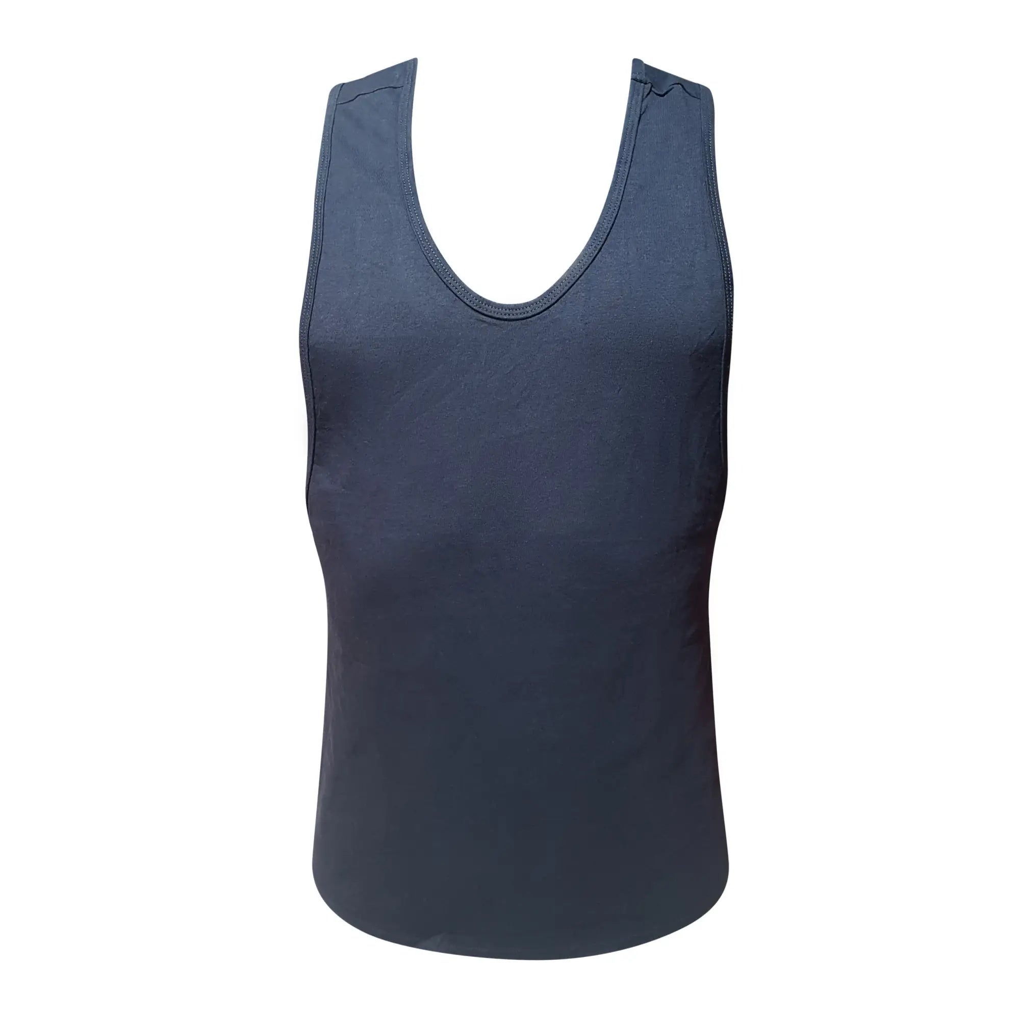 Dark navy blue sleeveless fizx tank top with rounded neckline and ribbed trim for casual wear