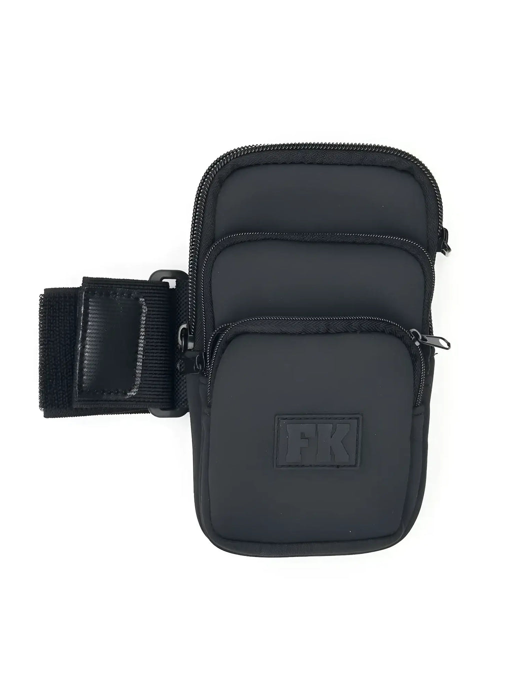 Black fk sport neoprene armband with three zippered compartments and adjustable strap for fitness use