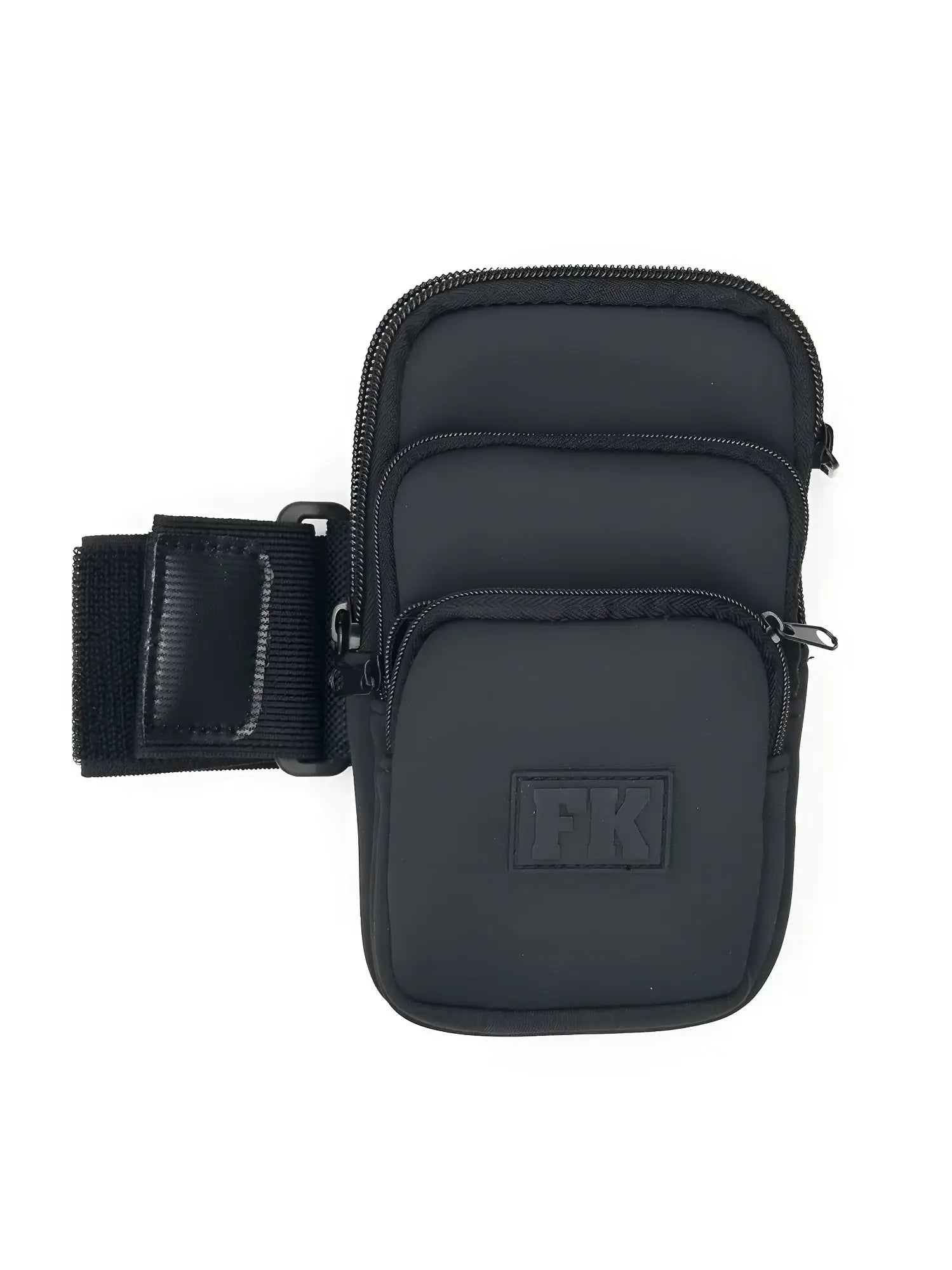 Black fk sport neoprene armband with three zippered compartments and adjustable strap for fitness use