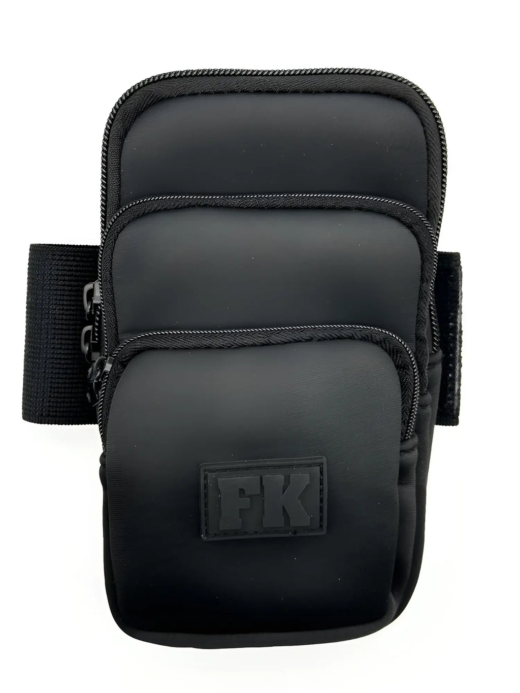 Black fk sport 3 pocket neoprene pouch arm band with three zippered compartments and textured fabric finish