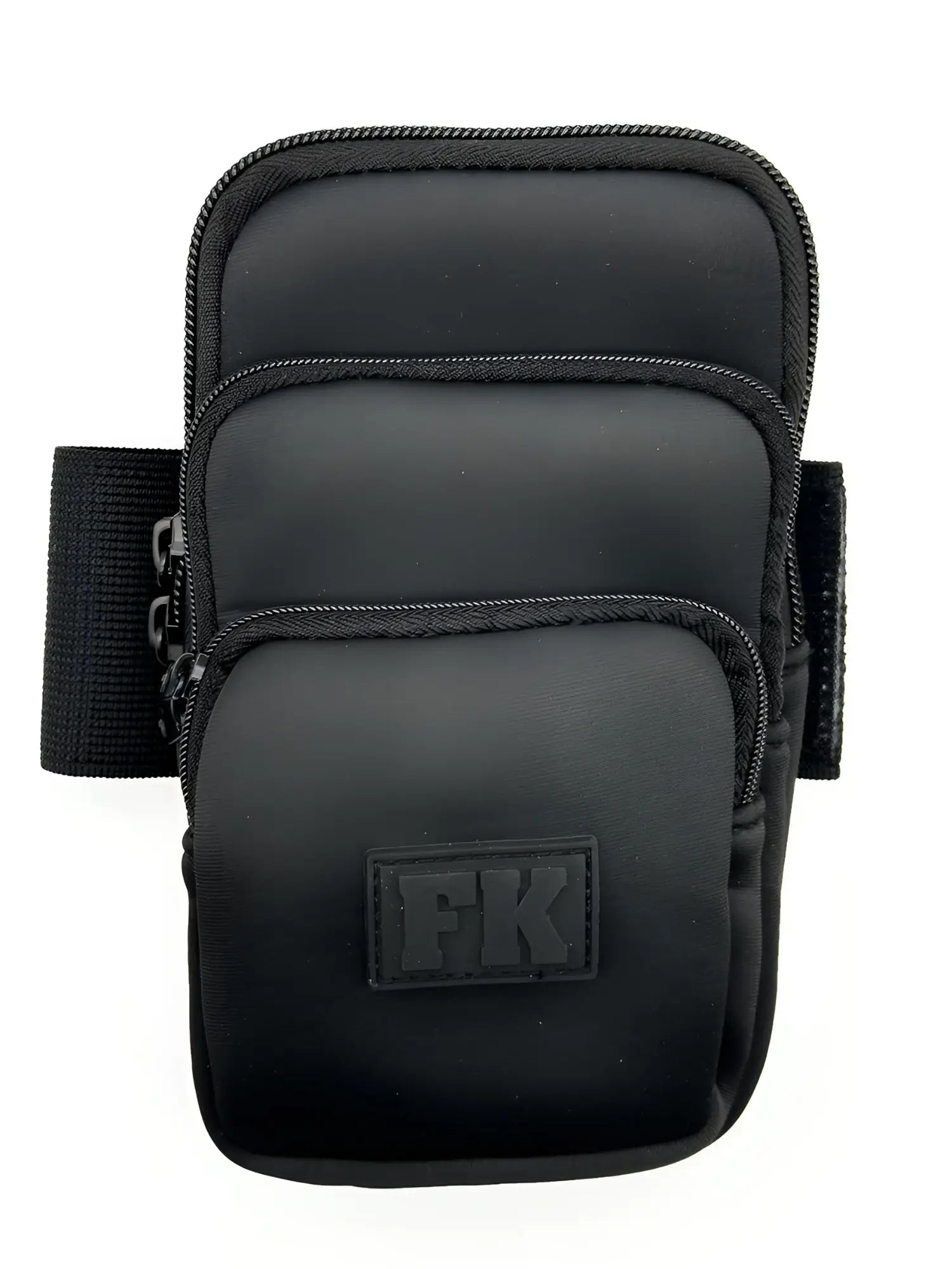 Black fk sport 3 pocket neoprene pouch arm band with three zippered compartments and textured fabric finish