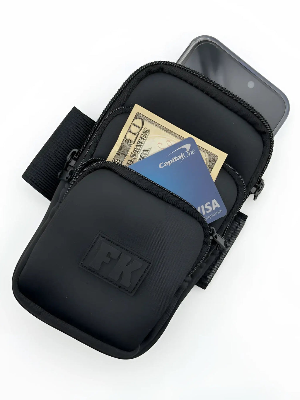 Black fk sport 3 pocket neoprene arm pouch with zippered compartments holding cash and phone for active use