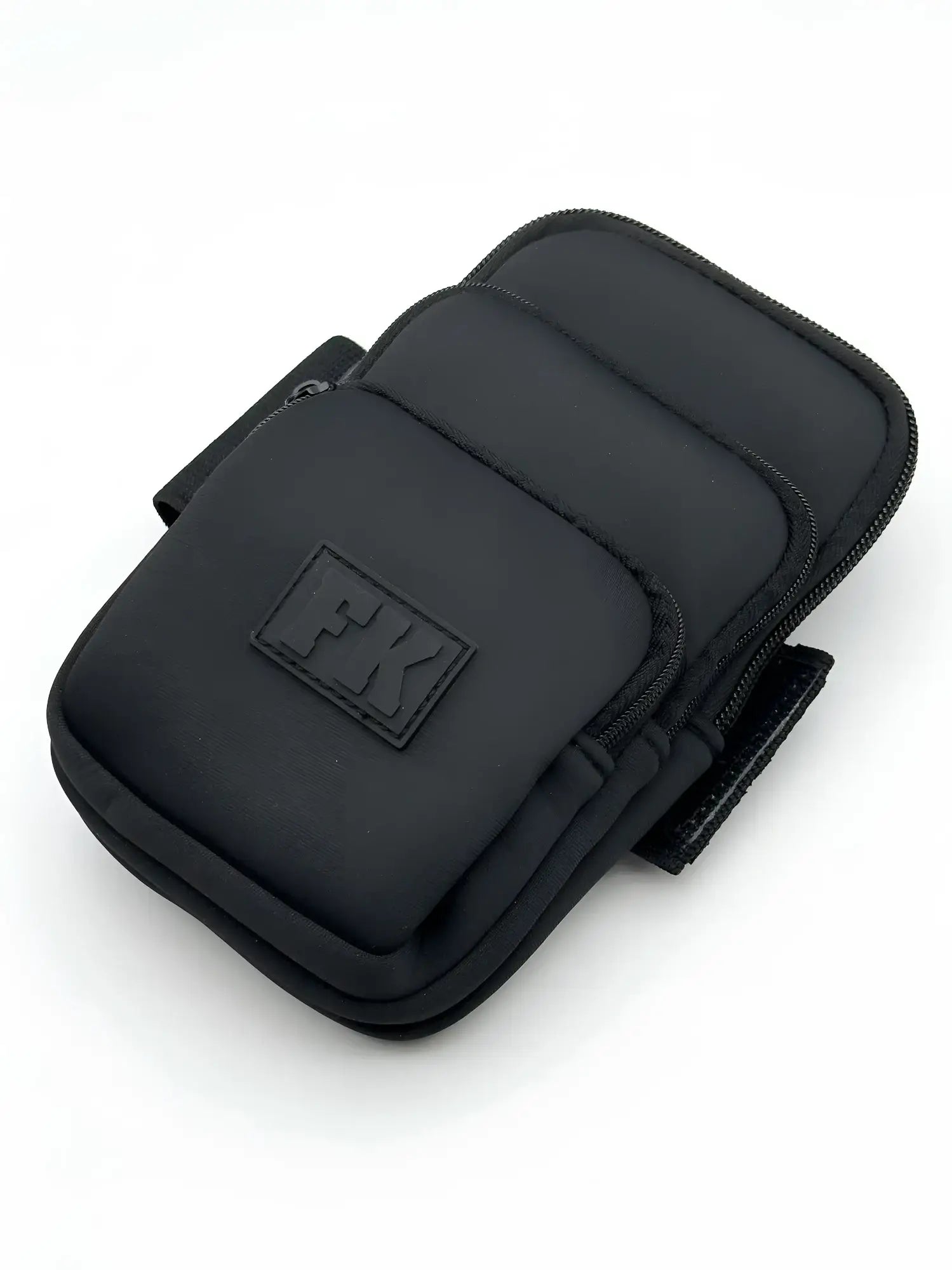 Black fk-branded neoprene wristlet with multiple zippered compartments and minimalist design fk sport 3 pocket pouch