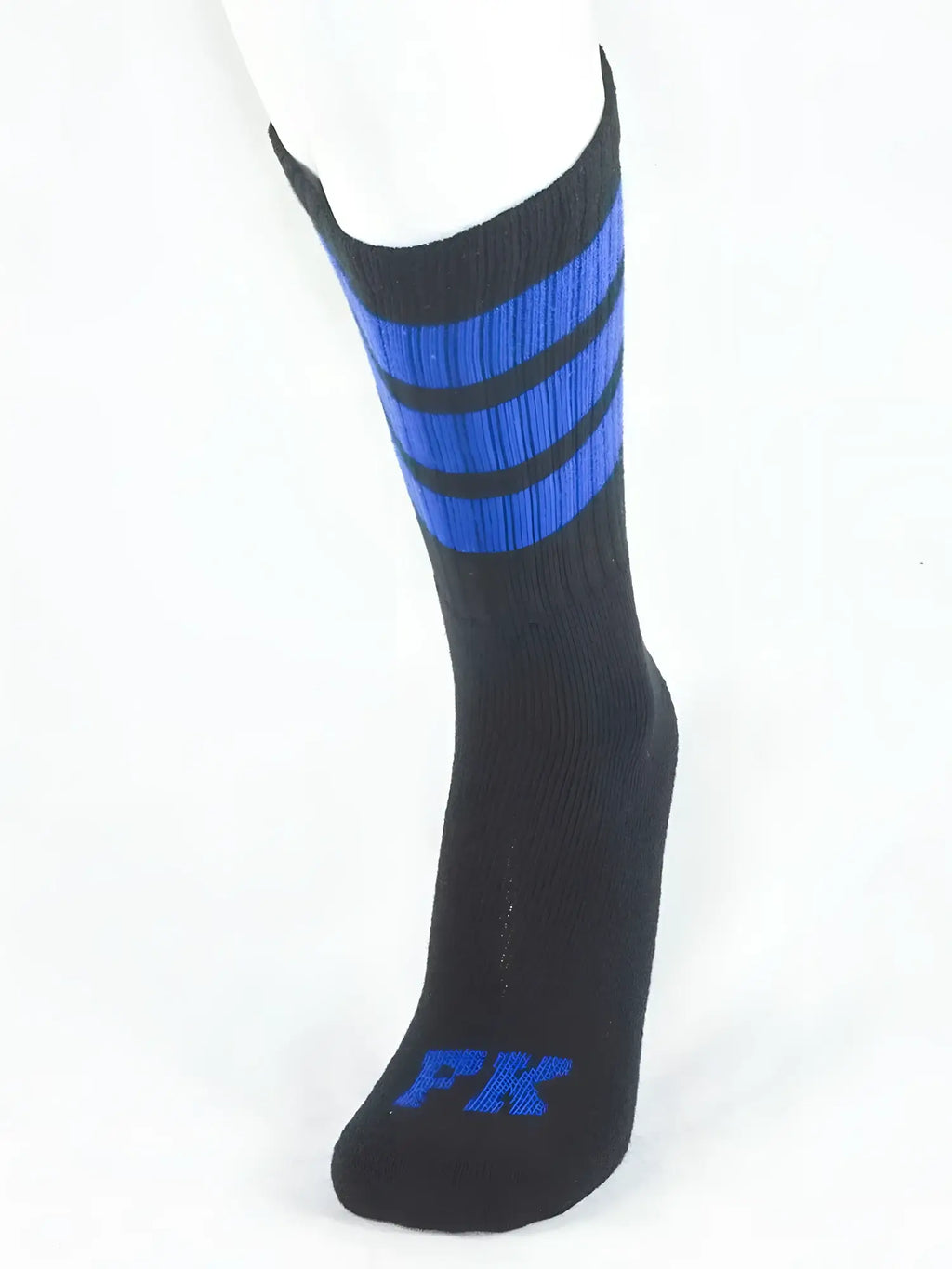 Fk sport black tube sock with three bold blue stripes and embroidered pk logo on the toe, designed for athletic use