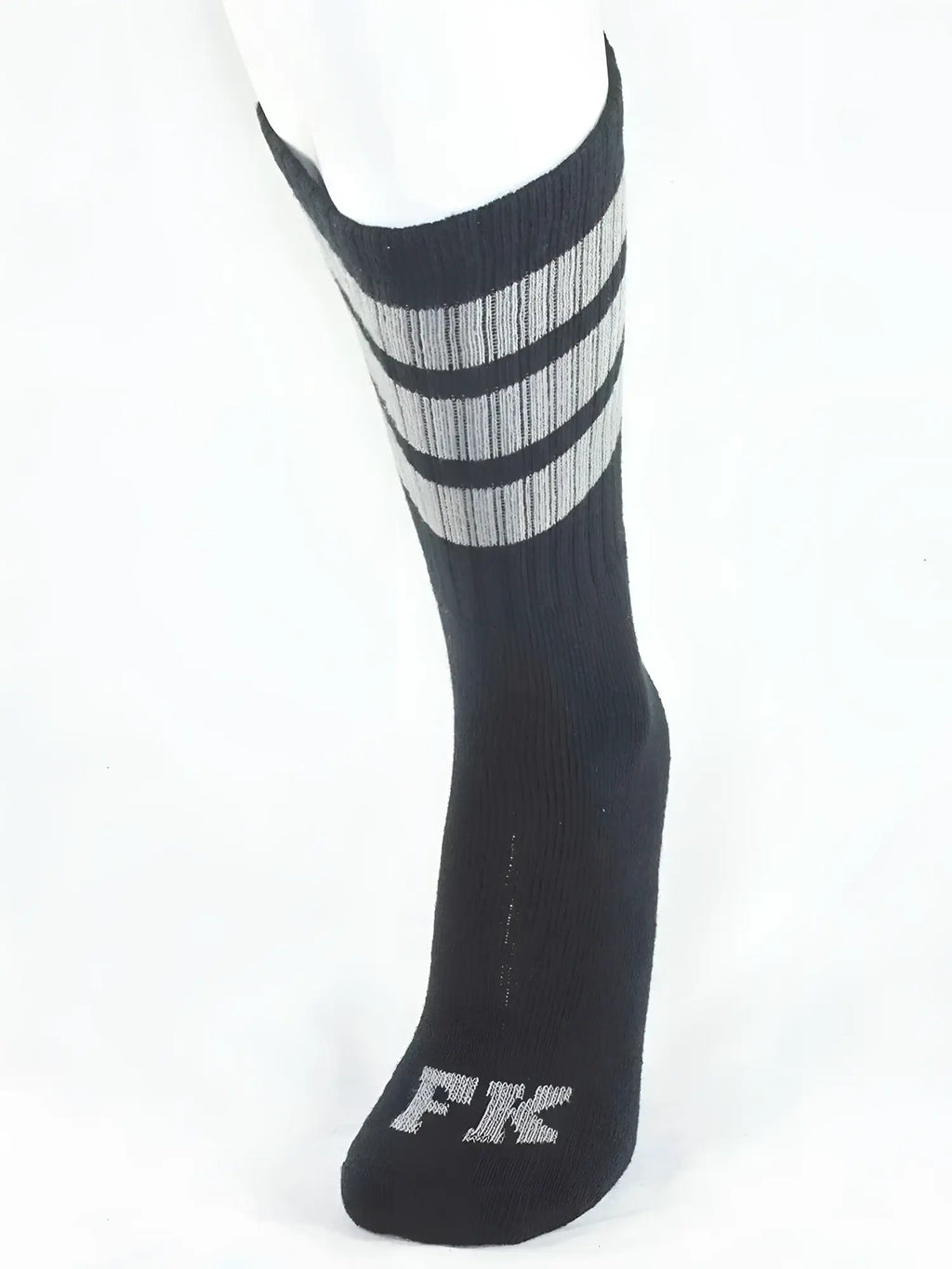 Fk sport black tube sock with three gray stripes and silver fk logo embroidered on the toe made for athletic use