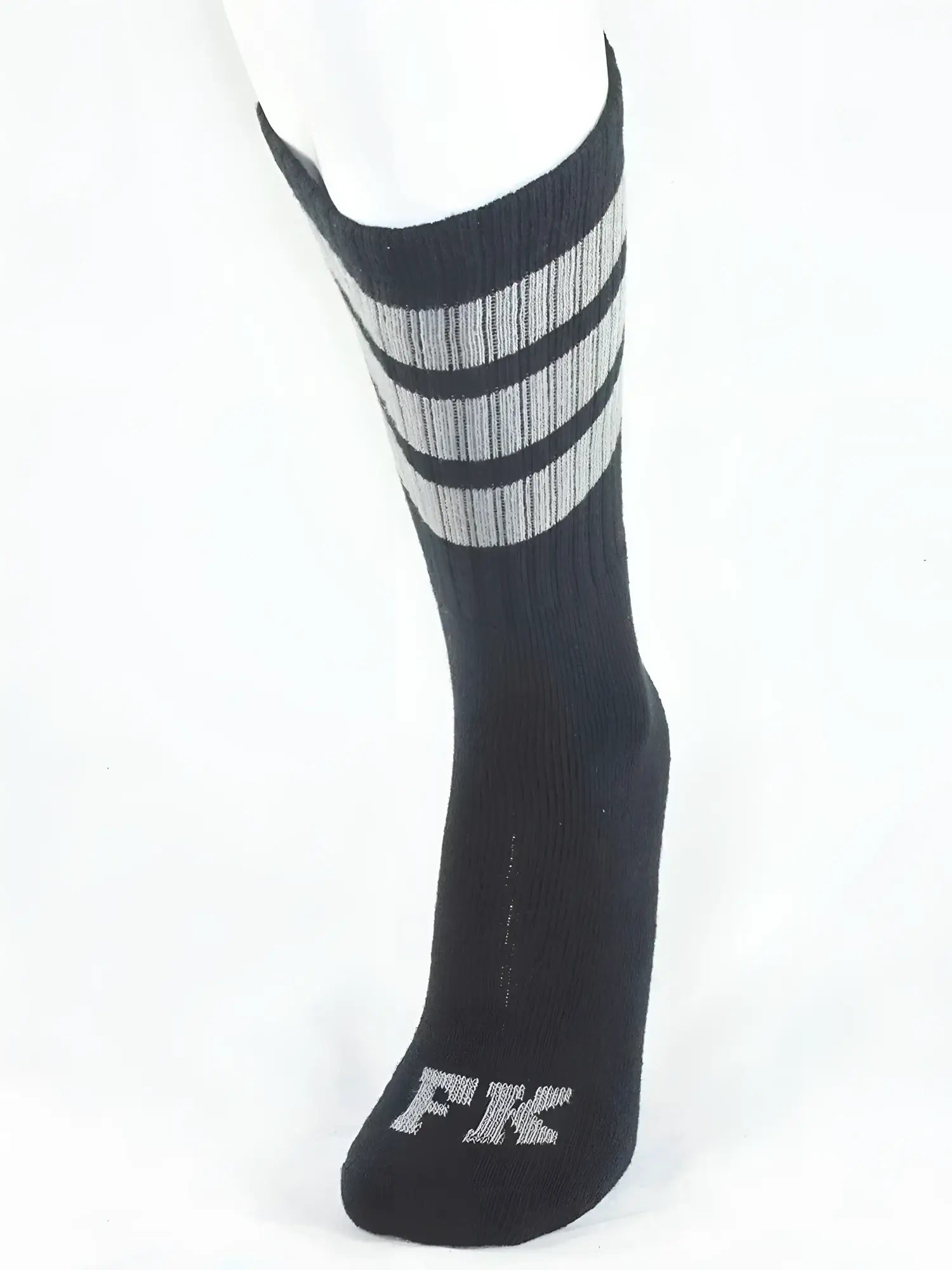 Fk sport black tube sock with three gray stripes and silver fk logo embroidered on the toe made for athletic use