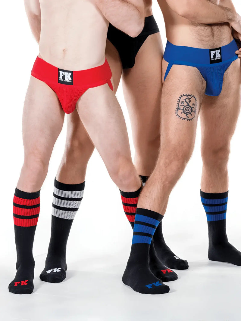 Red and blue FK branded ribbed briefs featured with the FK Sport black tube sock in the image