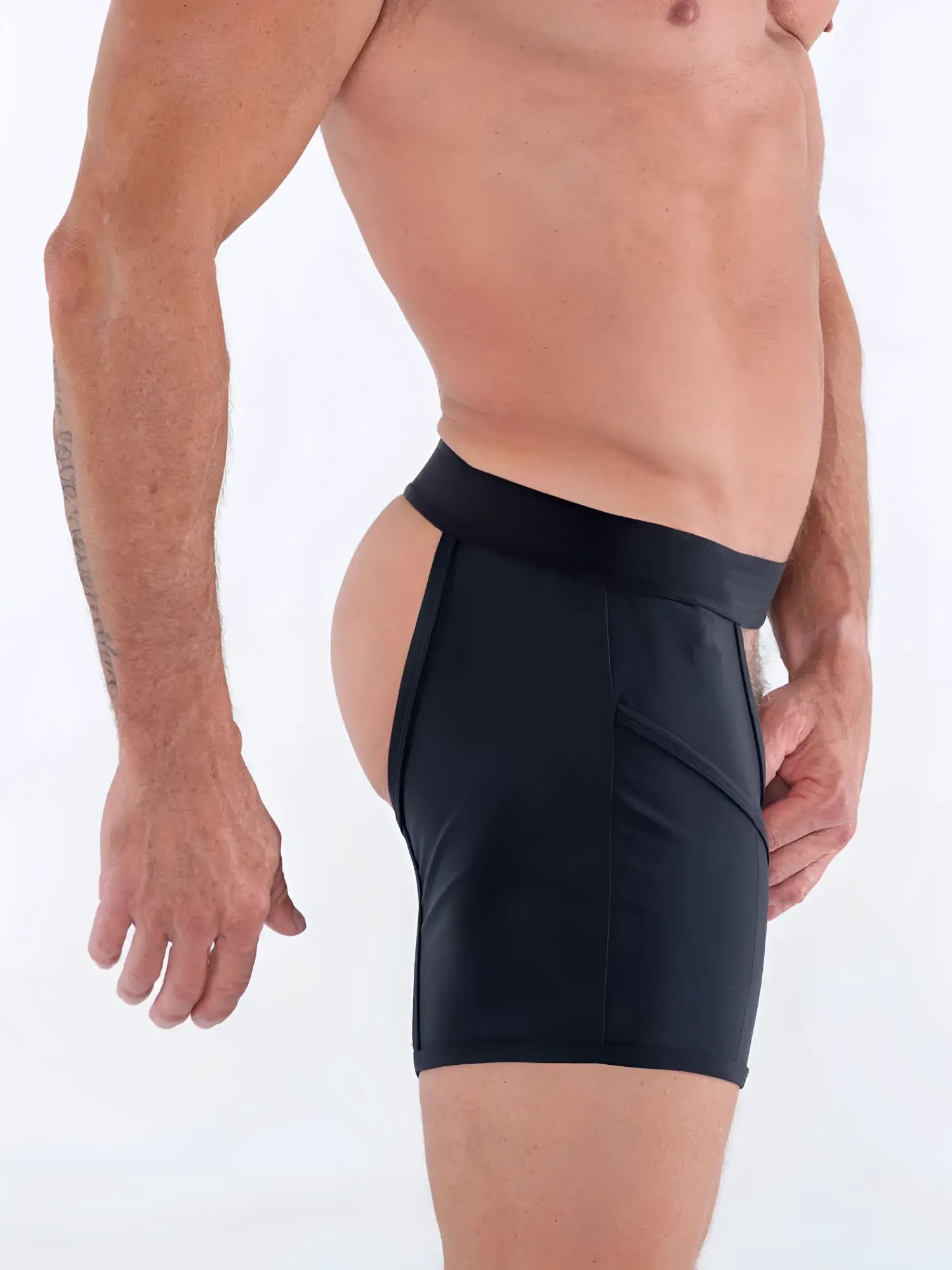 Black fk sport cache chaps high-waisted athletic briefs with side cutouts and form-fitting design
