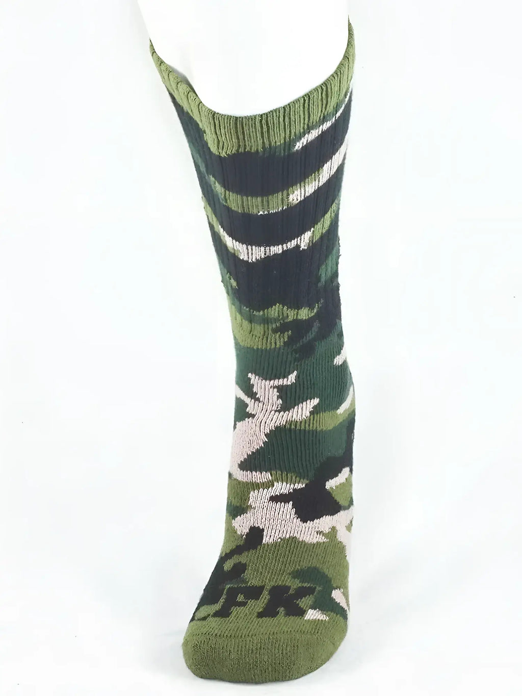 Green camouflage sport sock with black and white top stripes and fk logo on the foot for athletic use