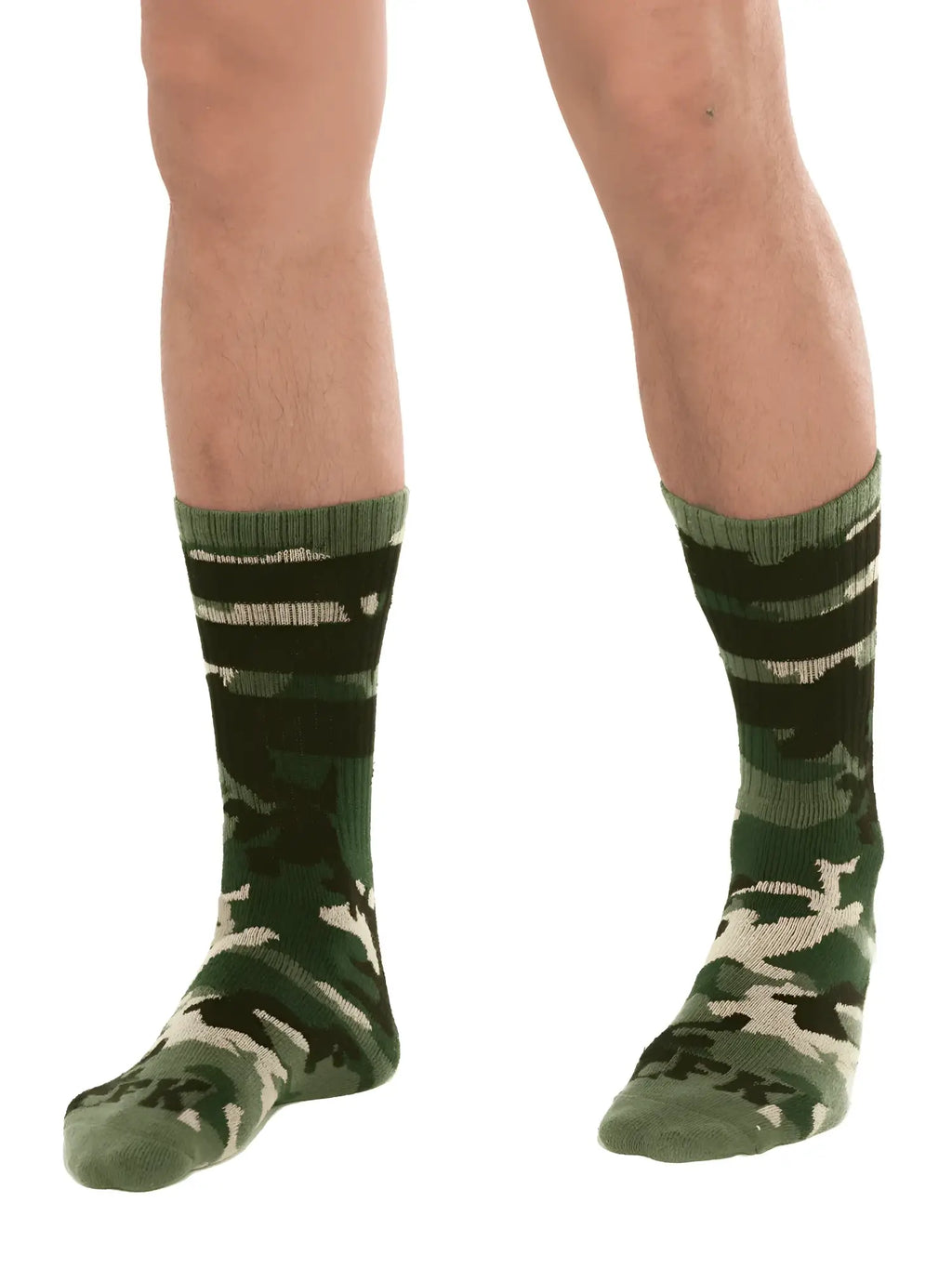 Fk sport camo sock green camouflage socks with black and beige patterns ribbed cuff and spk logo on toe