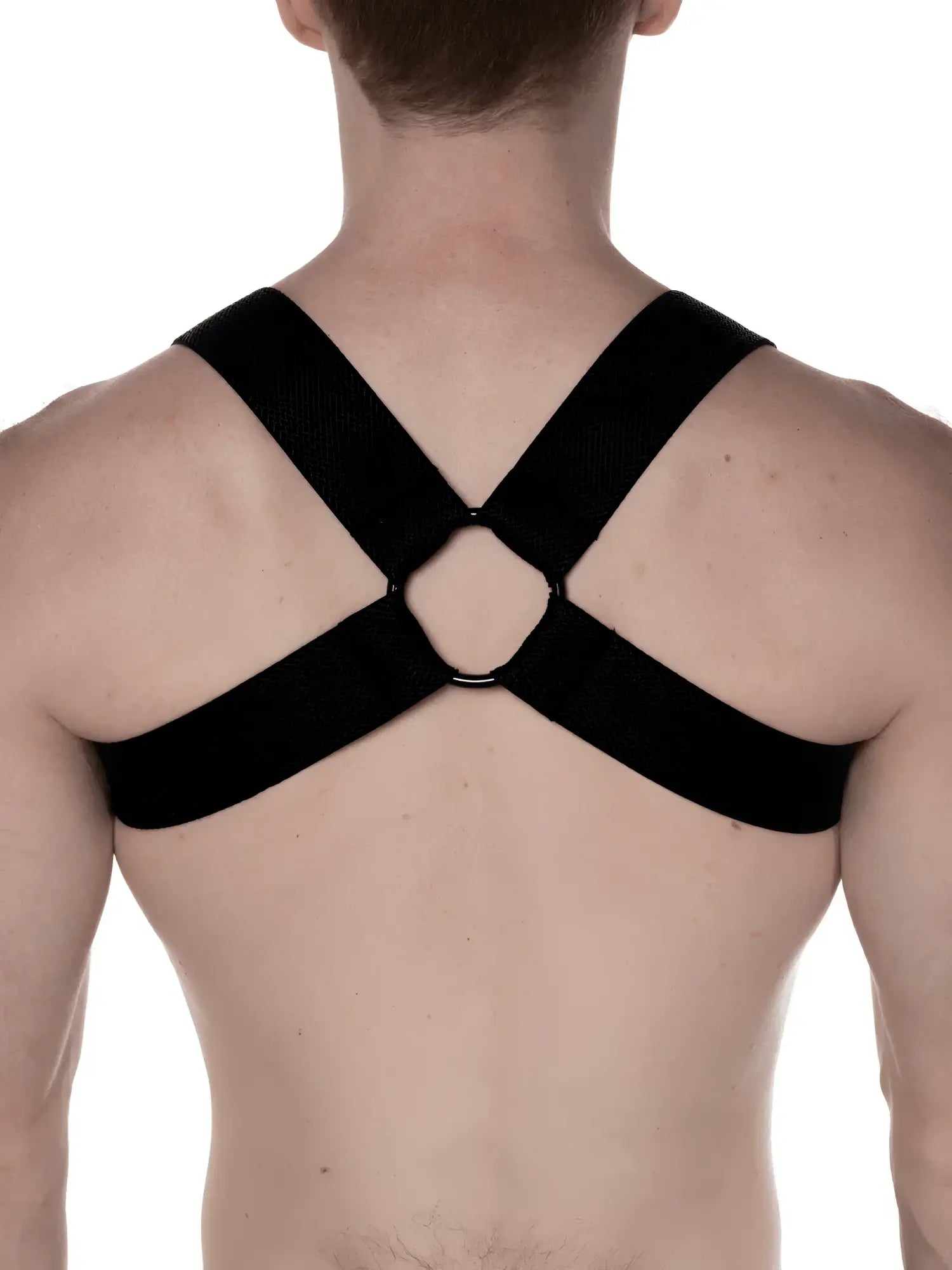Black cross-back support strap with central ring from fk sport chevron harness shown from the back side