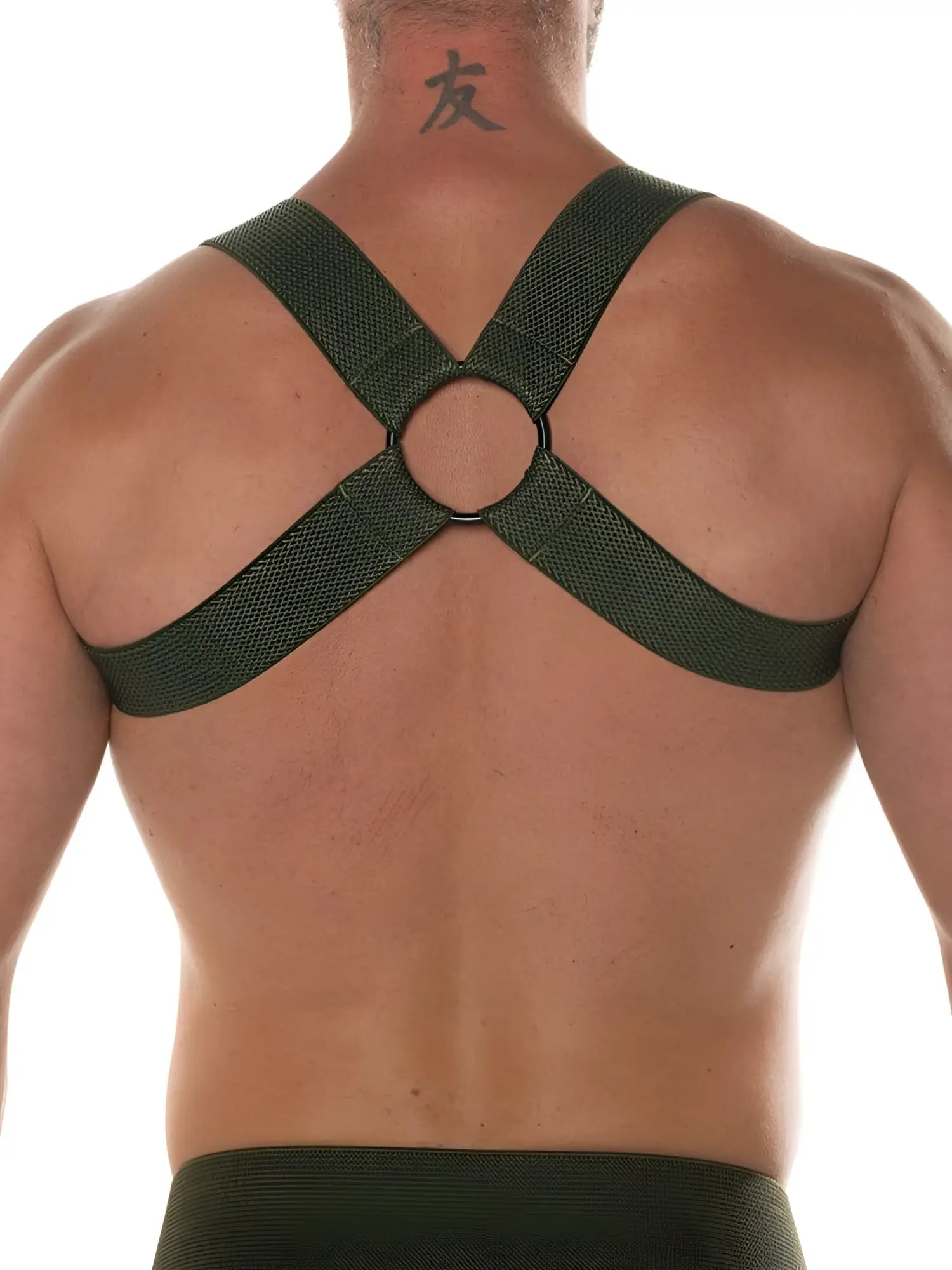 Dark green mesh fk sport chevron harness featuring a central circular ring for secure fit and support