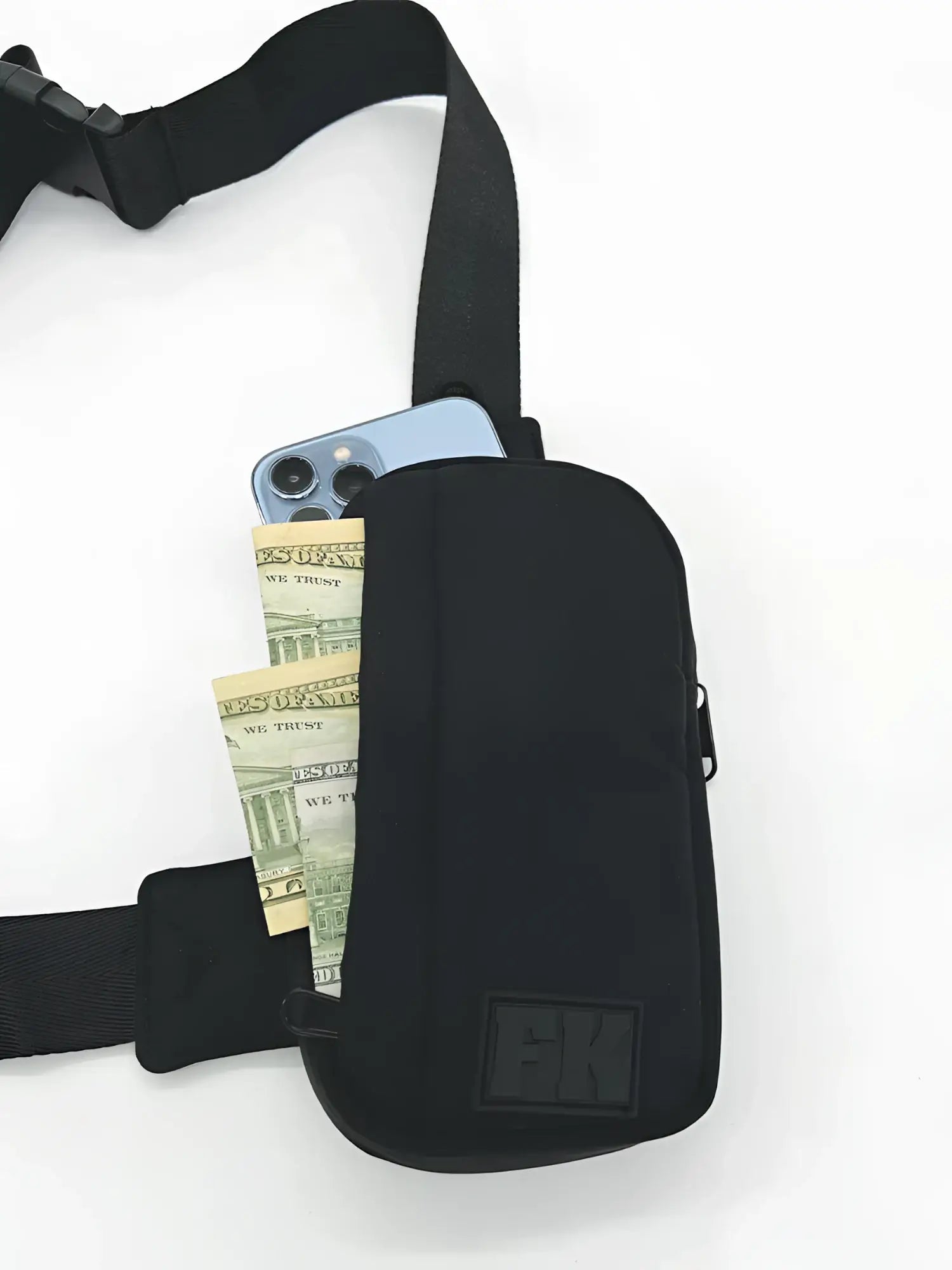 Fk sport cross body bag black nylon waist pouch with adjustable strap and front zipper pocket for hands free use