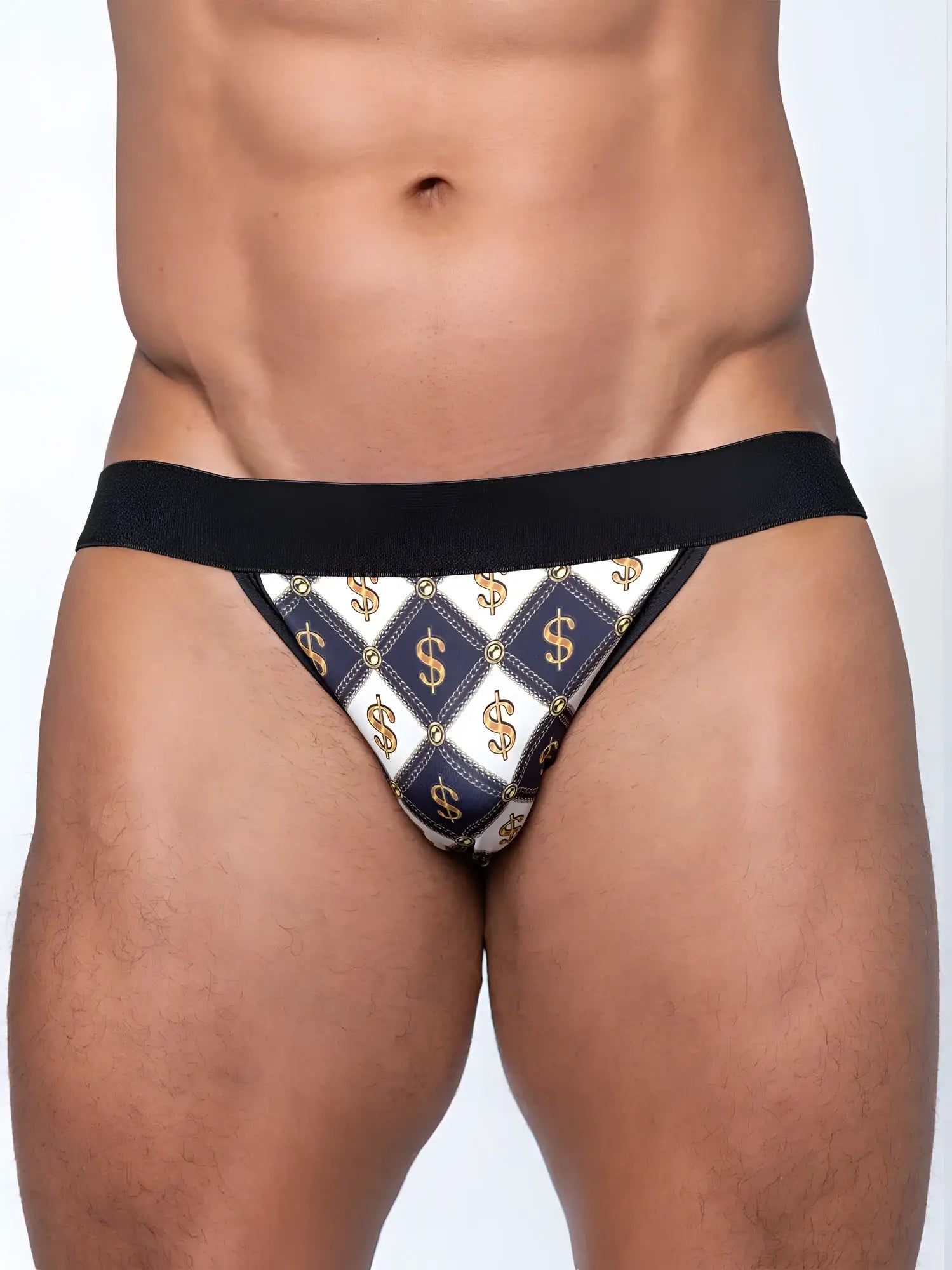 Fk sport dollahs jock black and white diamond patterned briefs with gold dollar sign motifs front view
