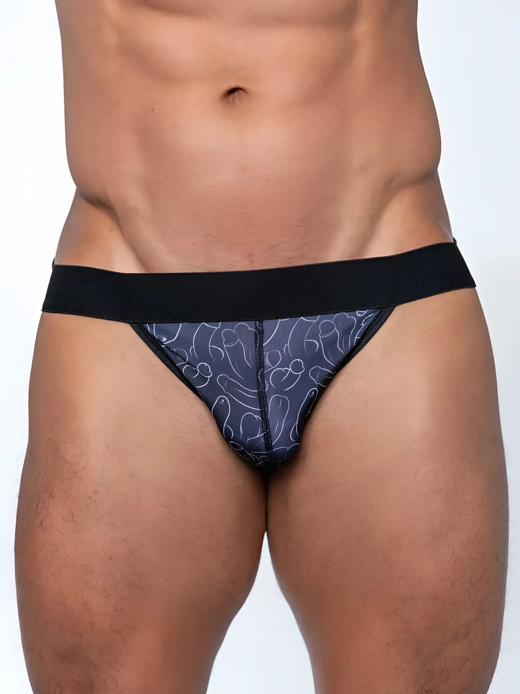 Dark blue fk sport penis print jock thong with white line drawing pattern and black elastic waistband back view