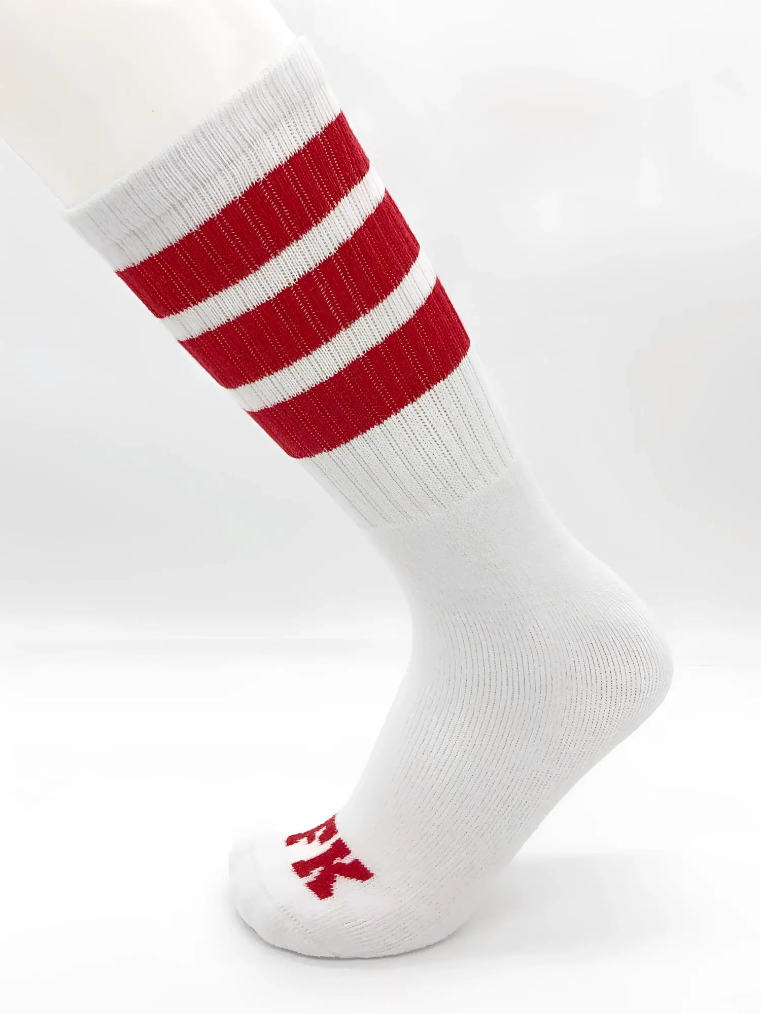 Fk Sport white tube sock with three bold red stripes and a small red logo on the toe in athletic design