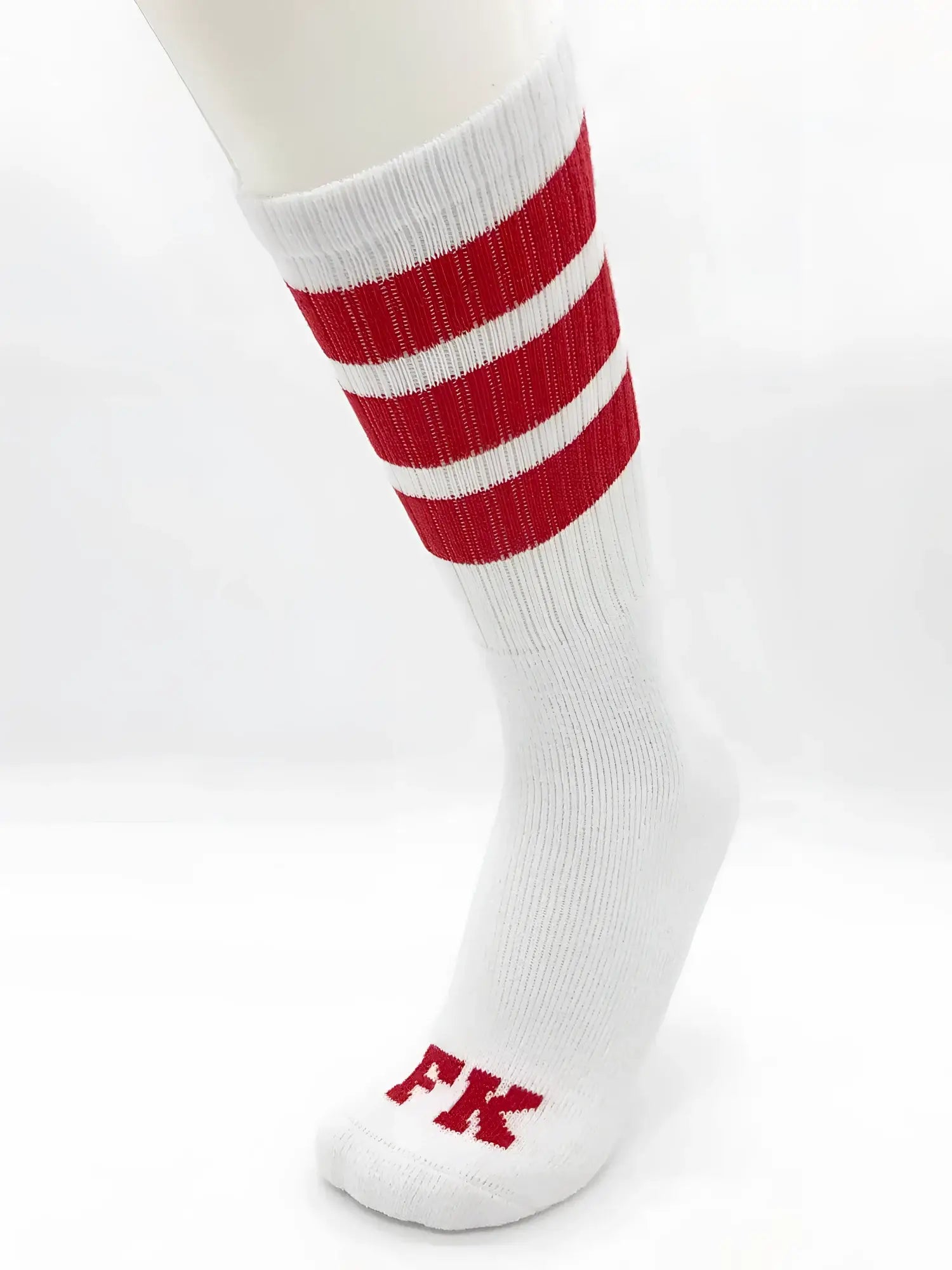 Fk sport white tube sock with three red stripes and matching fk logo embroidered on the toe for athletic use