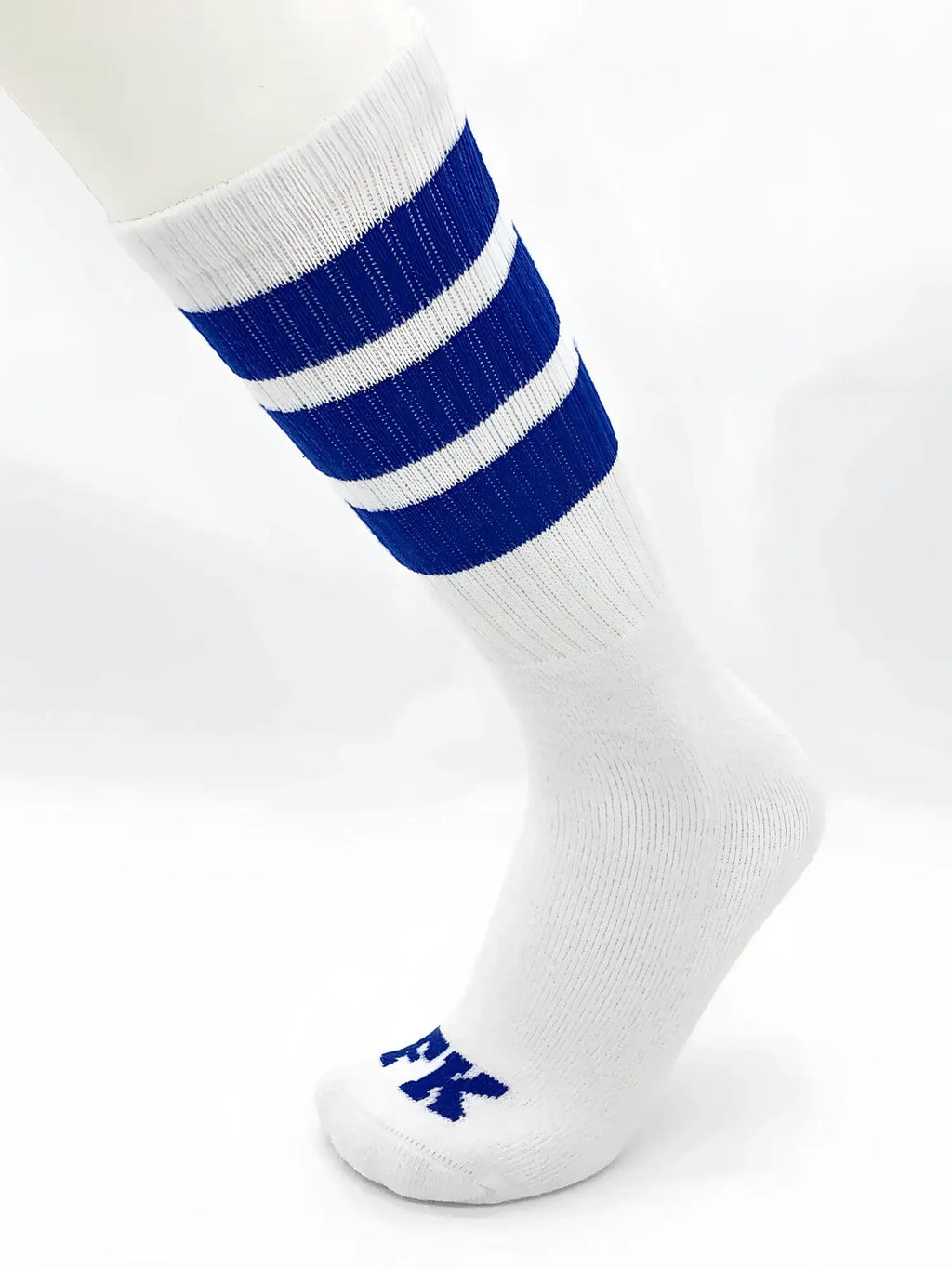 Fk sport white tube sock featuring three bold blue stripes and a blue fk logo embroidered on the toe