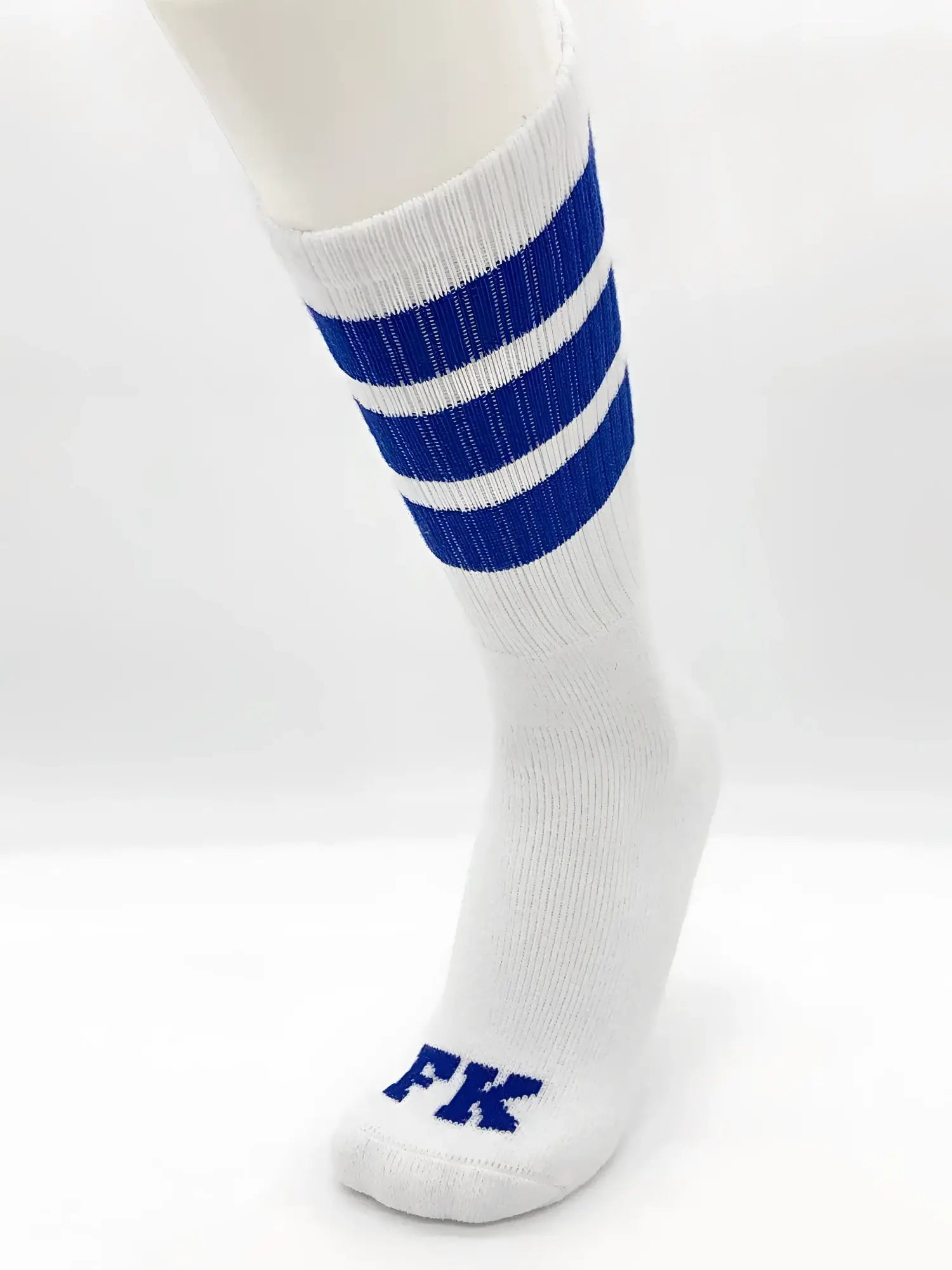 Fk sport white tube sock featuring three bold blue stripes and matching fk logo embroidered on the toe