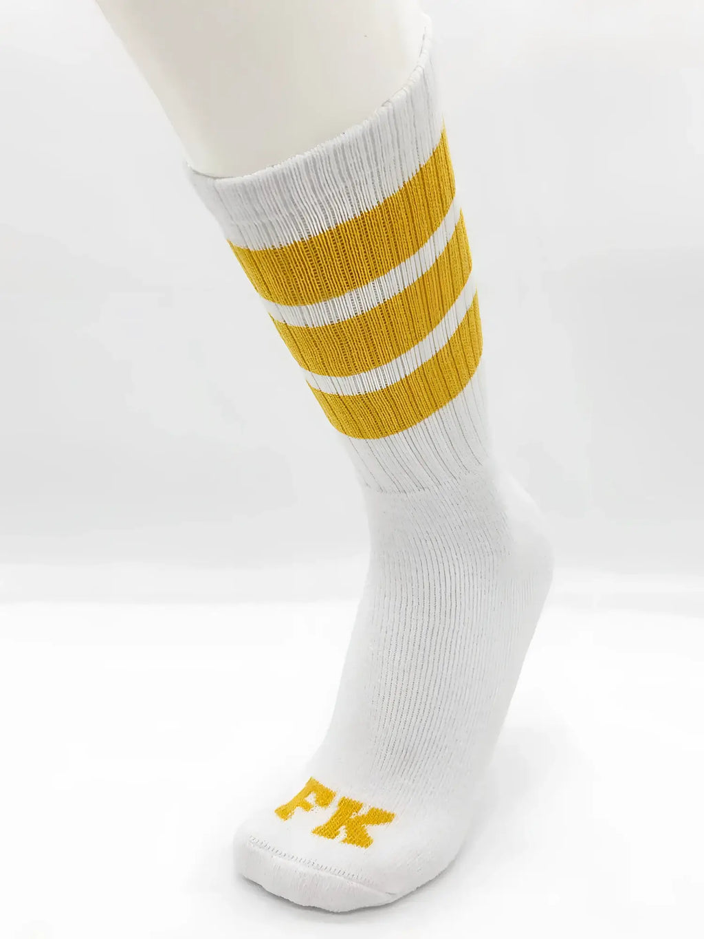 Fk sport white tube sock with three mustard yellow stripes and embroidered fk logo on the toe for athletic use