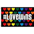 Flag love wins black fabric flag with rainbow-colored hearts and bold white hashtag lovewins text for pride events