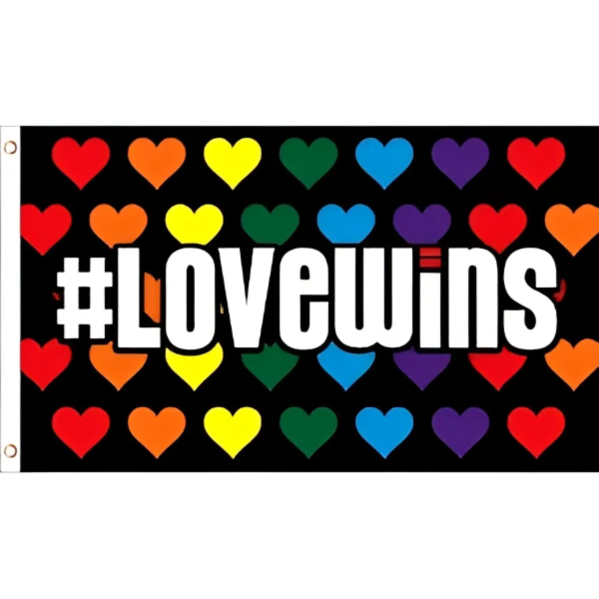 Flag love wins black fabric flag with rainbow-colored hearts and bold white hashtag lovewins text for pride events