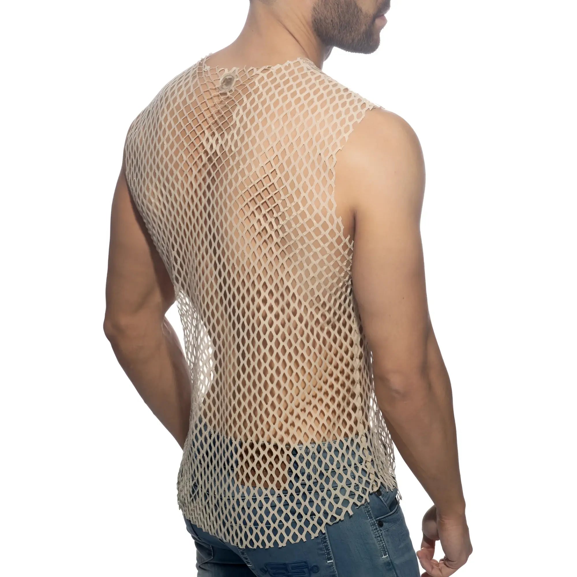 Beige flamboyant tank top with diamond-shaped mesh net pattern and small button at the neckline