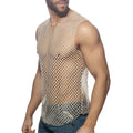 Beige mesh sleeveless flamboyant tank top with fitted form-fitting design for stylish casual wear