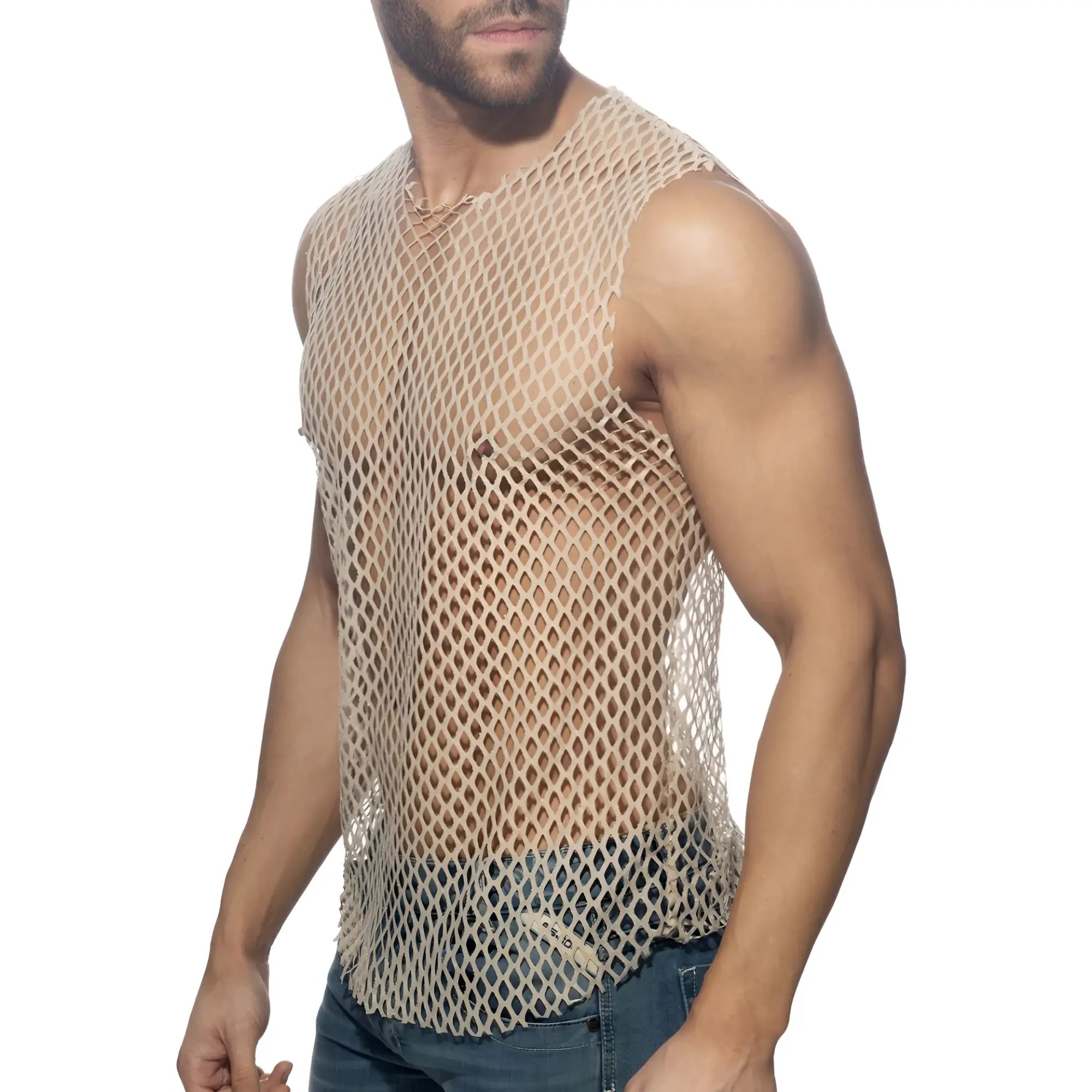Beige mesh sleeveless flamboyant tank top with fitted form-fitting design for stylish casual wear