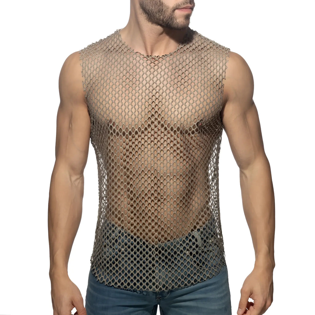 Flamboyant tank top metallic chainmail sleeveless top with tight diamond-patterned mesh design in silver tone