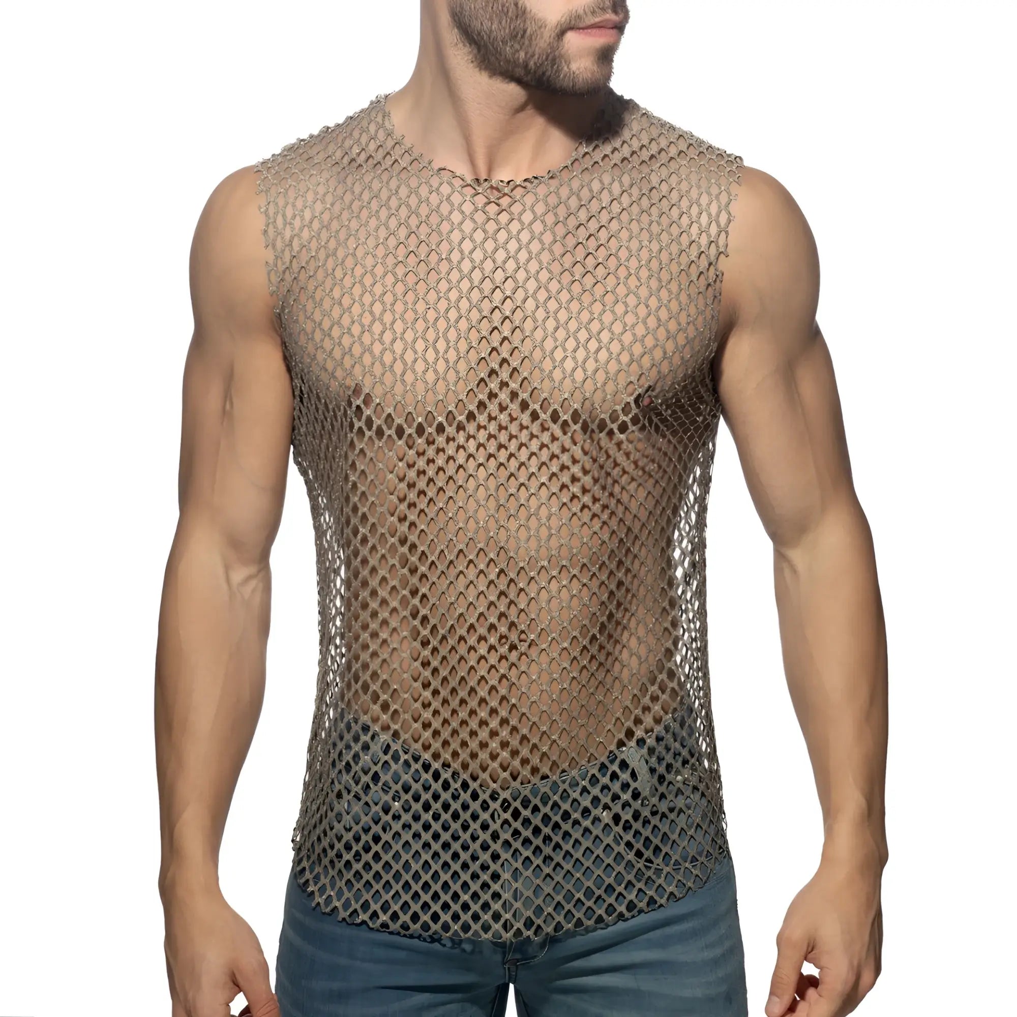 Flamboyant tank top metallic chainmail sleeveless top with tight diamond-patterned mesh design in silver tone