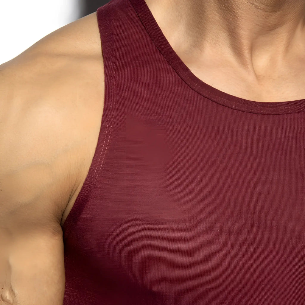 Maroon ribbed flame tank top with a simple round neckline made from soft stretch fabric for casual wear
