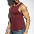 A maroon flame tank top made of soft stretchy fabric with a sleeveless design and simple round neckline
