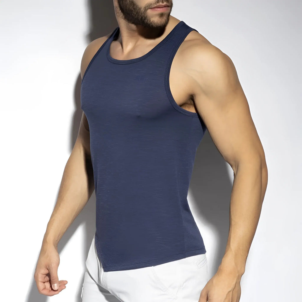 Navy blue ribbed cotton flame tank top showcasing a sleeveless casual design for warm weather wear