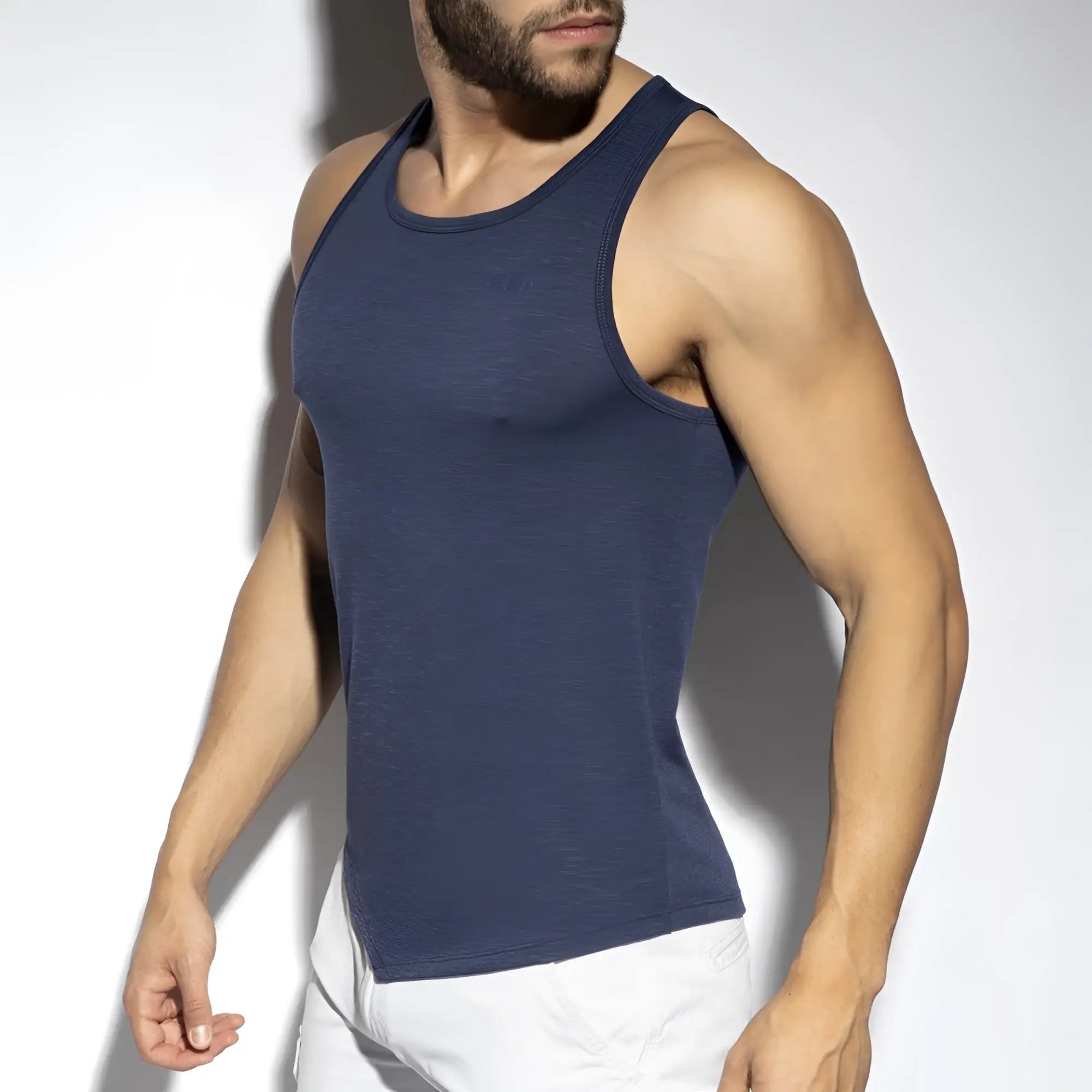 Navy blue ribbed cotton flame tank top showcasing a sleeveless casual design for warm weather wear