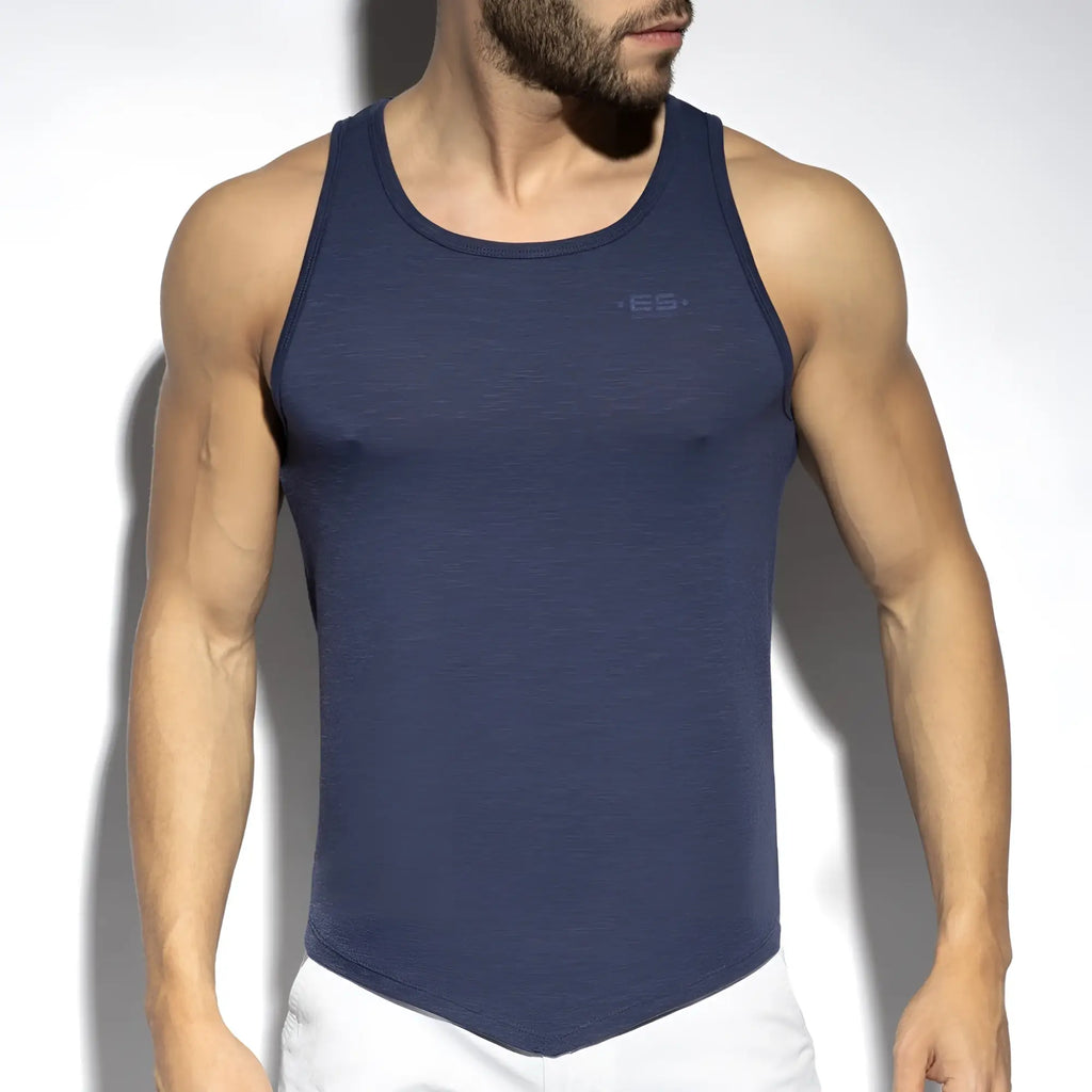 Navy blue textured flame tank top with subtle logo on chest designed for casual and active wear