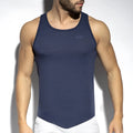 Navy blue textured flame tank top with subtle logo on chest designed for casual and active wear