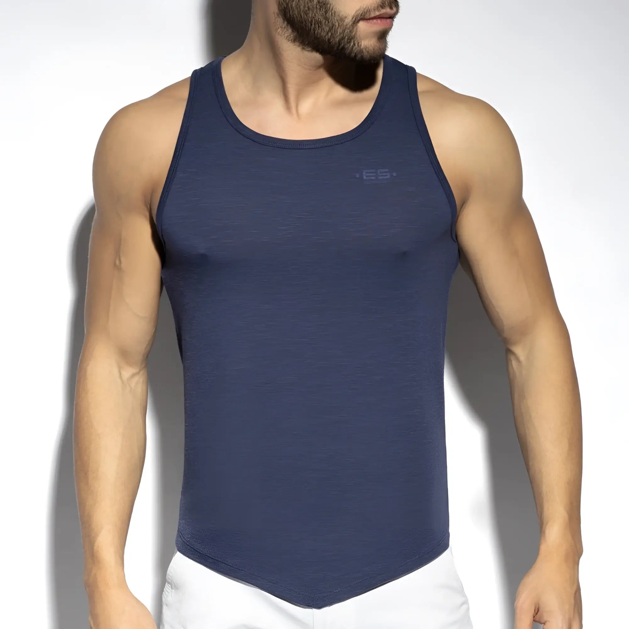 Navy blue textured flame tank top with subtle logo on chest designed for casual and active wear