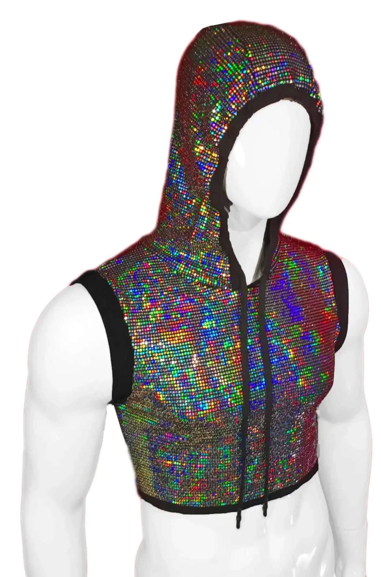A flat sequin hooded crop top in iridescent holographic material with black trim for a shimmering look