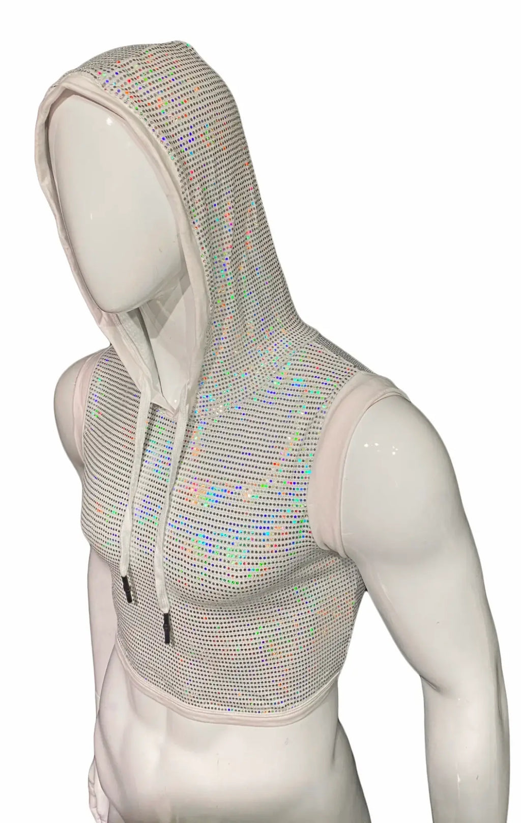 Flat sequin hooded crop top with iridescent shimmer mesh texture and white drawstrings for stylish casual wear