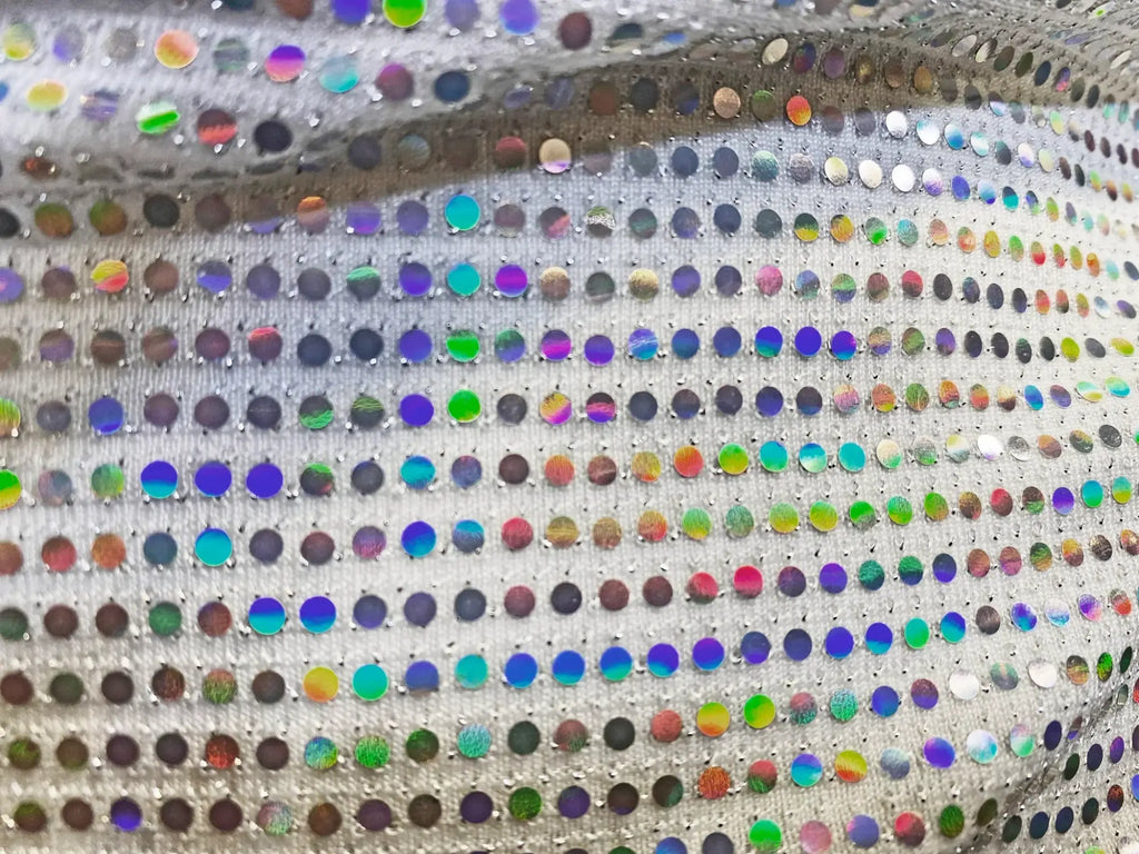 Flat sequin hooded crop top with shimmering silver fabric and multicolored iridescent sequins in a grid pattern